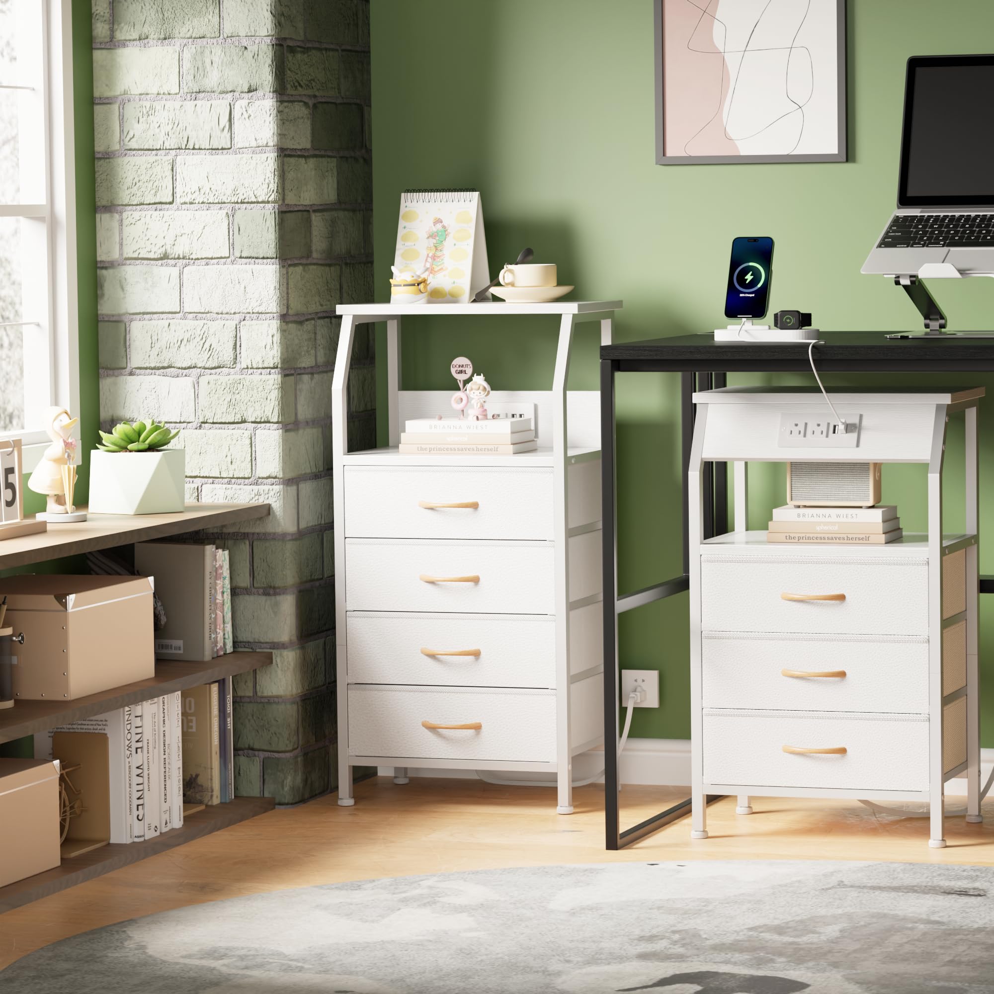 Furnulem 33.3 Inch Nightstand with USB Charging Station - White PVC & Fabric Drawers Bedside Table with Open Shelf - Multi-Functional for Bedroom, Closet, Entryway - Perfect as Dresser, Side Table or Storage Organizer