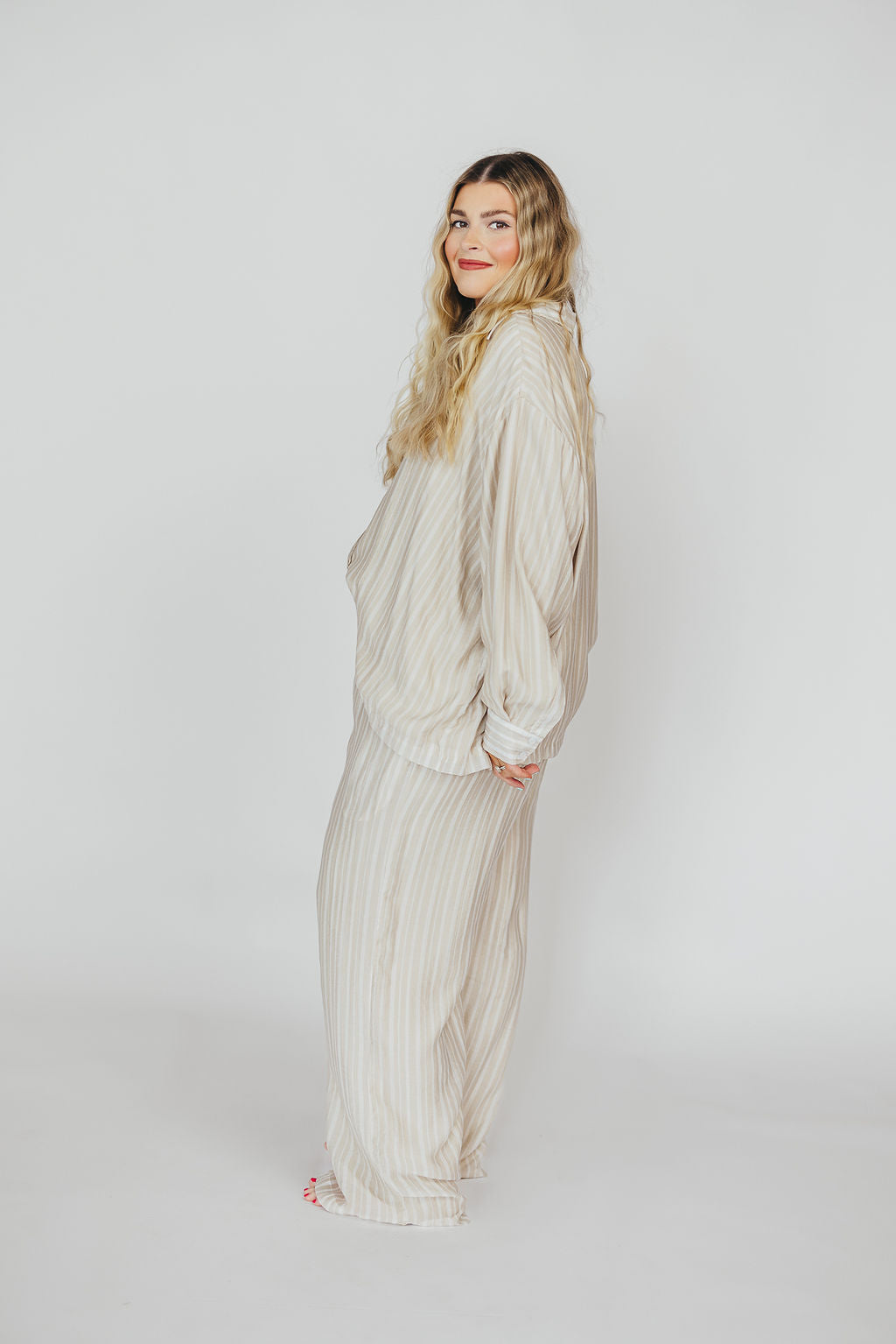 Sloane Striped Nursing-Friendly Button Down Shirt & Pants Set in Natural - Comfortable Maternity Outfit for Breastfeeding Moms