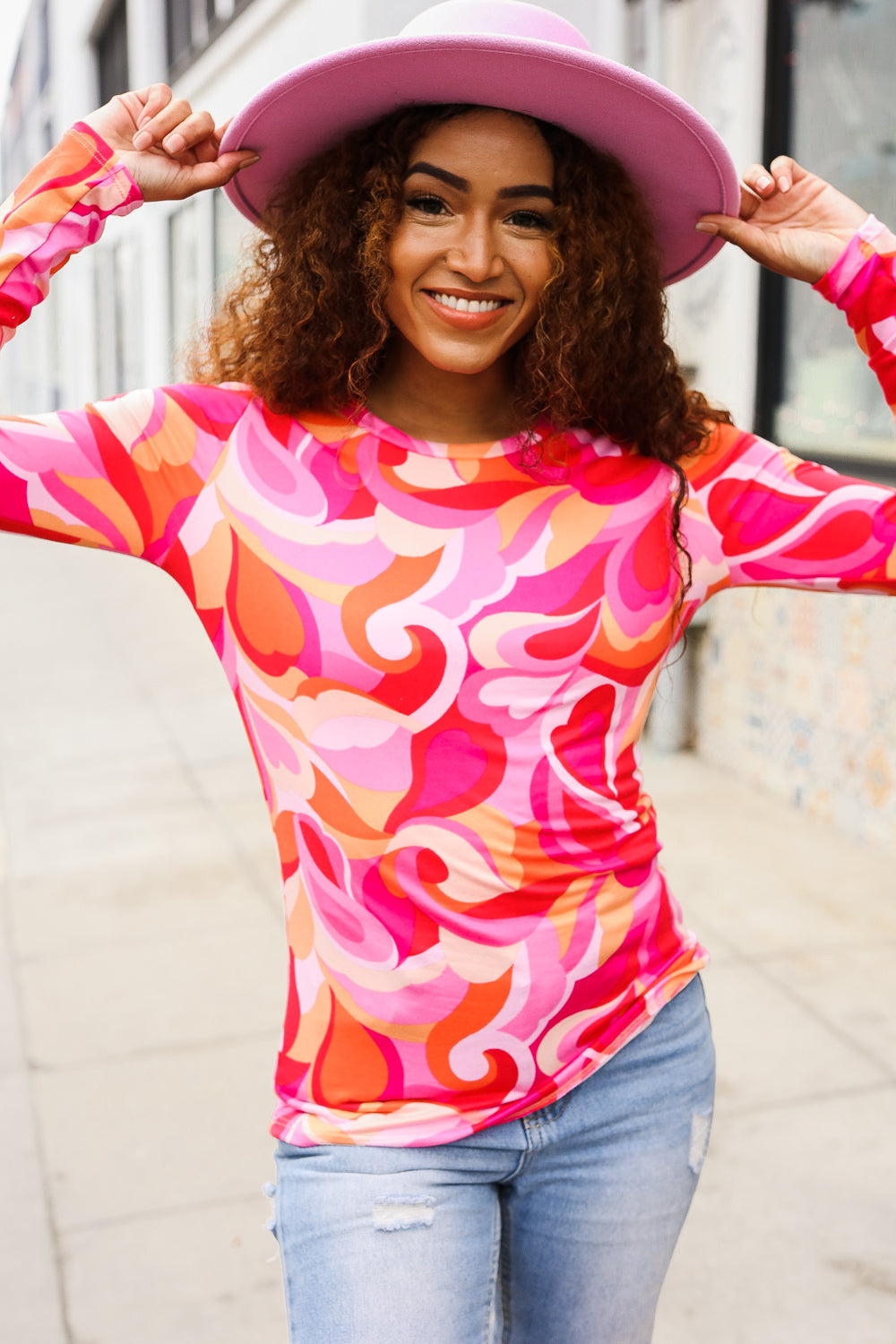 Red & Pink Floral Print Soft Knit Top for Women - Buttery Smooth Fitted Blouse for Date Night & Romantic Outfits