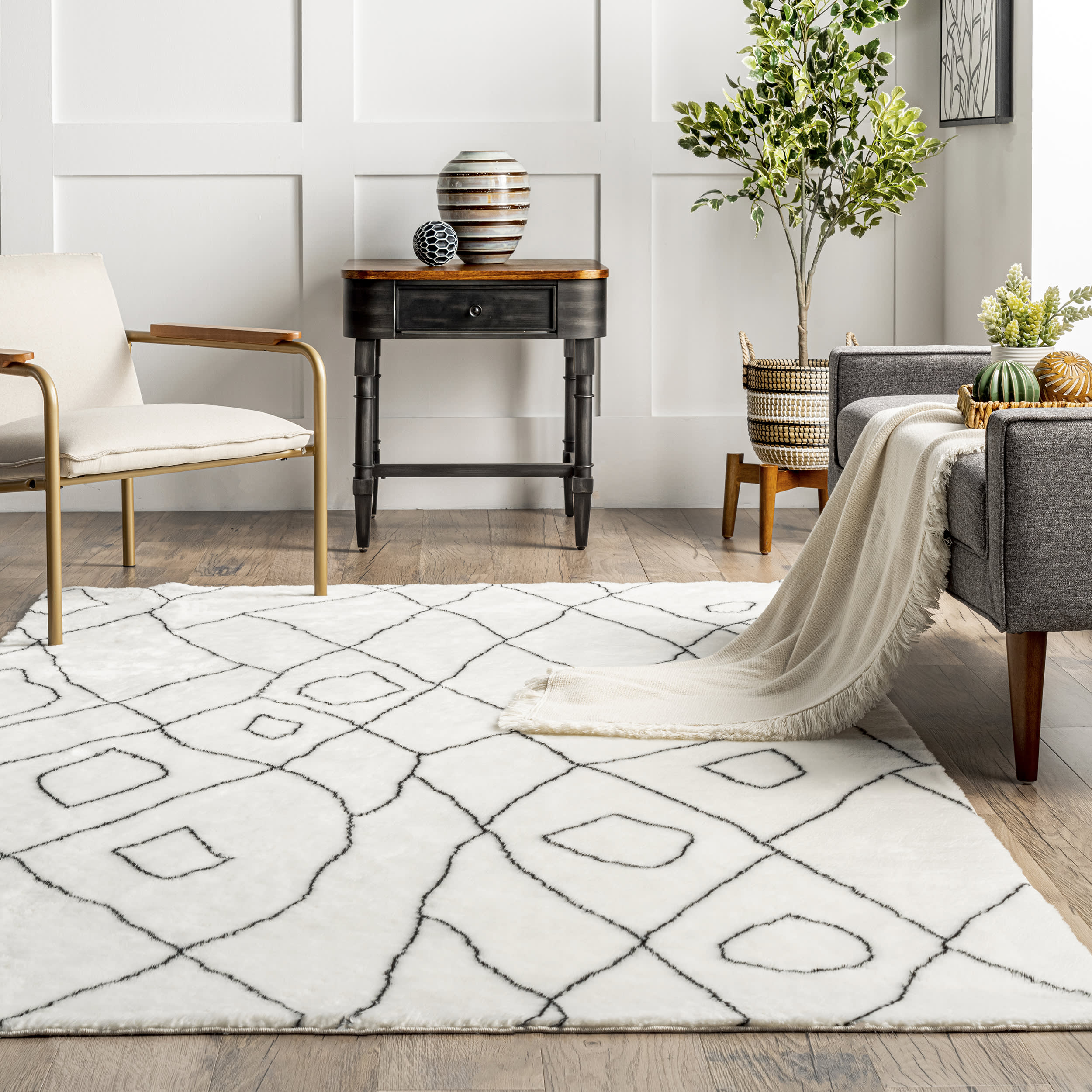 Adele Moroccan Trellis Washable Shag Rug - Soft Plush Black Area Rug for Living Room, Bedroom, Nursery | Non-Slip & Machine Washable | Boho Chic Home Decor