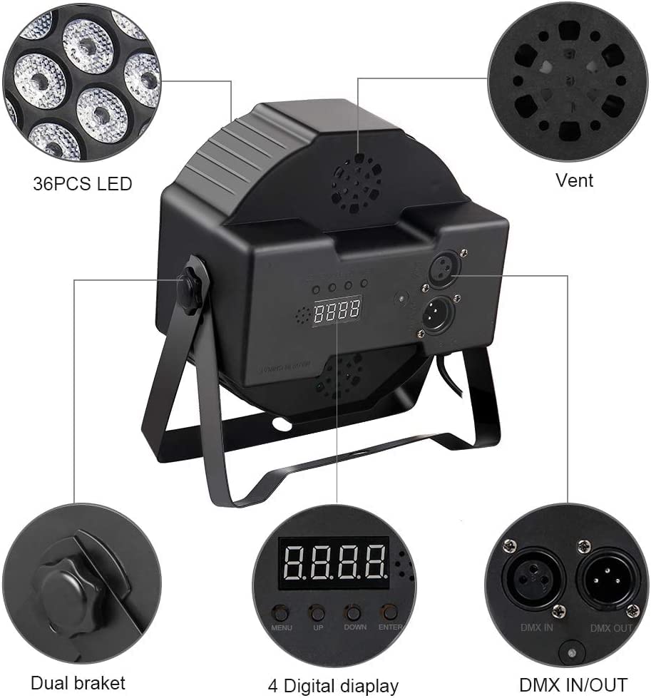 MOSFiATA 6 Pack 36 LED Par Lights - 7 Modes DJ Disco Party Lights with Remote Control, Sound Activation & DMX Control for Christmas Events, Club Parties, Stage Shows - Perfect for Nightclubs, Weddings, Concerts and Home Entertainment