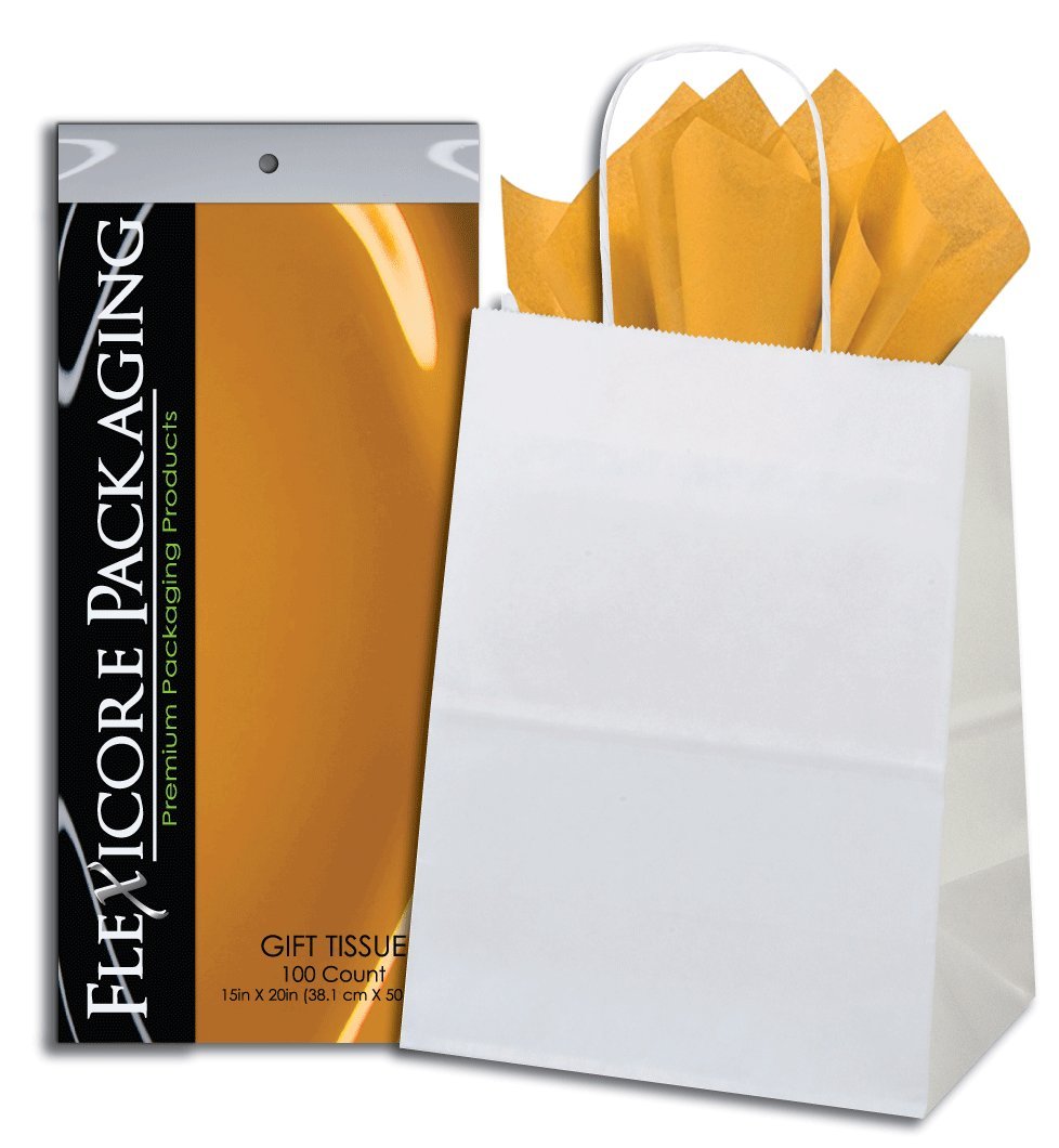 Premium White Kraft Paper Gift Bags with Antique Gold Tissue Wrap - 8