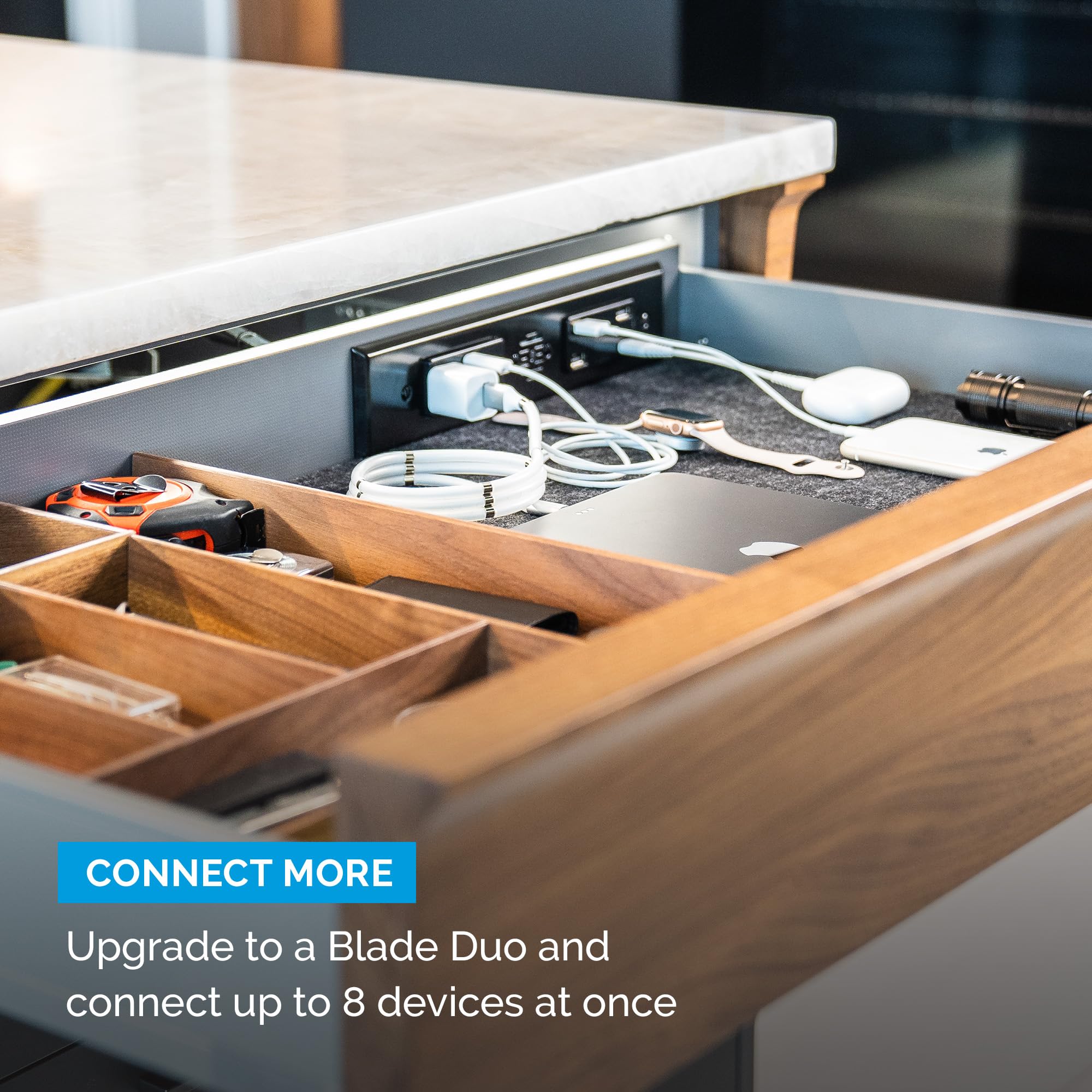 Docking Drawer Blade In-Drawer Power Outlet with Safety Shutoff - 2 USB-A Ports & 2 15 Amp AC Outlets - Stainless Steel for Kitchen, Office & Home Organization