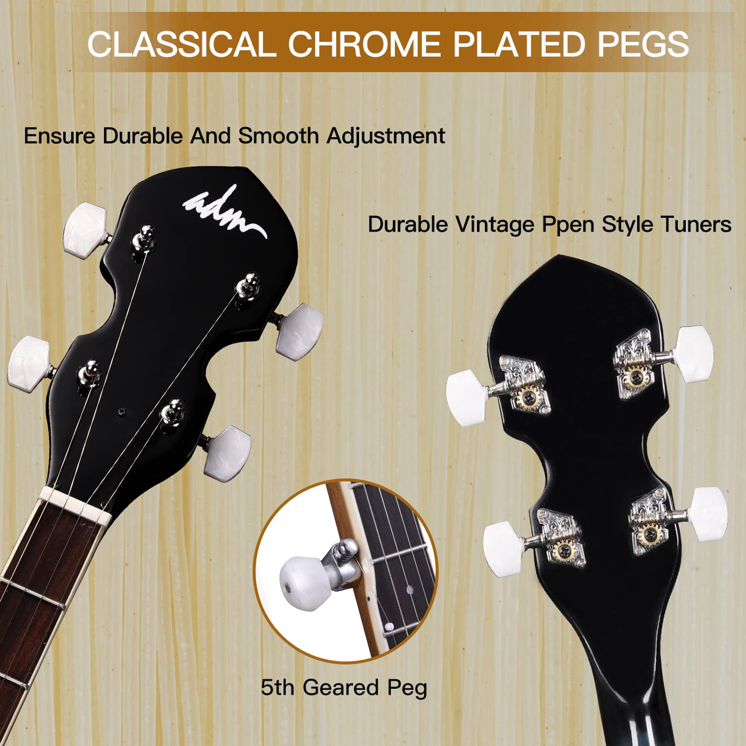 ADM 5-String Full Size Banjo Kit for Beginners - 38 Inch Resonator Banjo with Remo Drum Head, Open/Closed Back Options, Free Lessons & Starter Accessories - Perfect Gift for Adults & Teens (Brown) - Ideal for Bluegrass, Folk Music & Country Performances