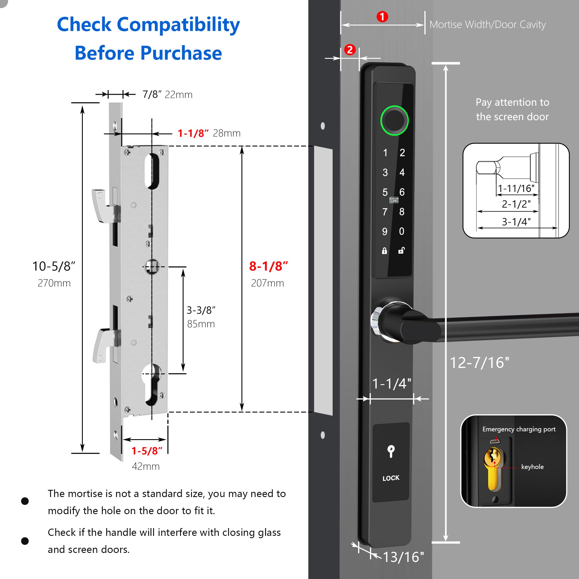 Smart Sliding Glass Door Lock - Waterproof Keyless Entry with WiFi, Bluetooth & Fingerprint - Aluminum Digital Keypad Mortise Lock with Handle (Black, Large) - Perfect for Patio, Balcony & Home Security