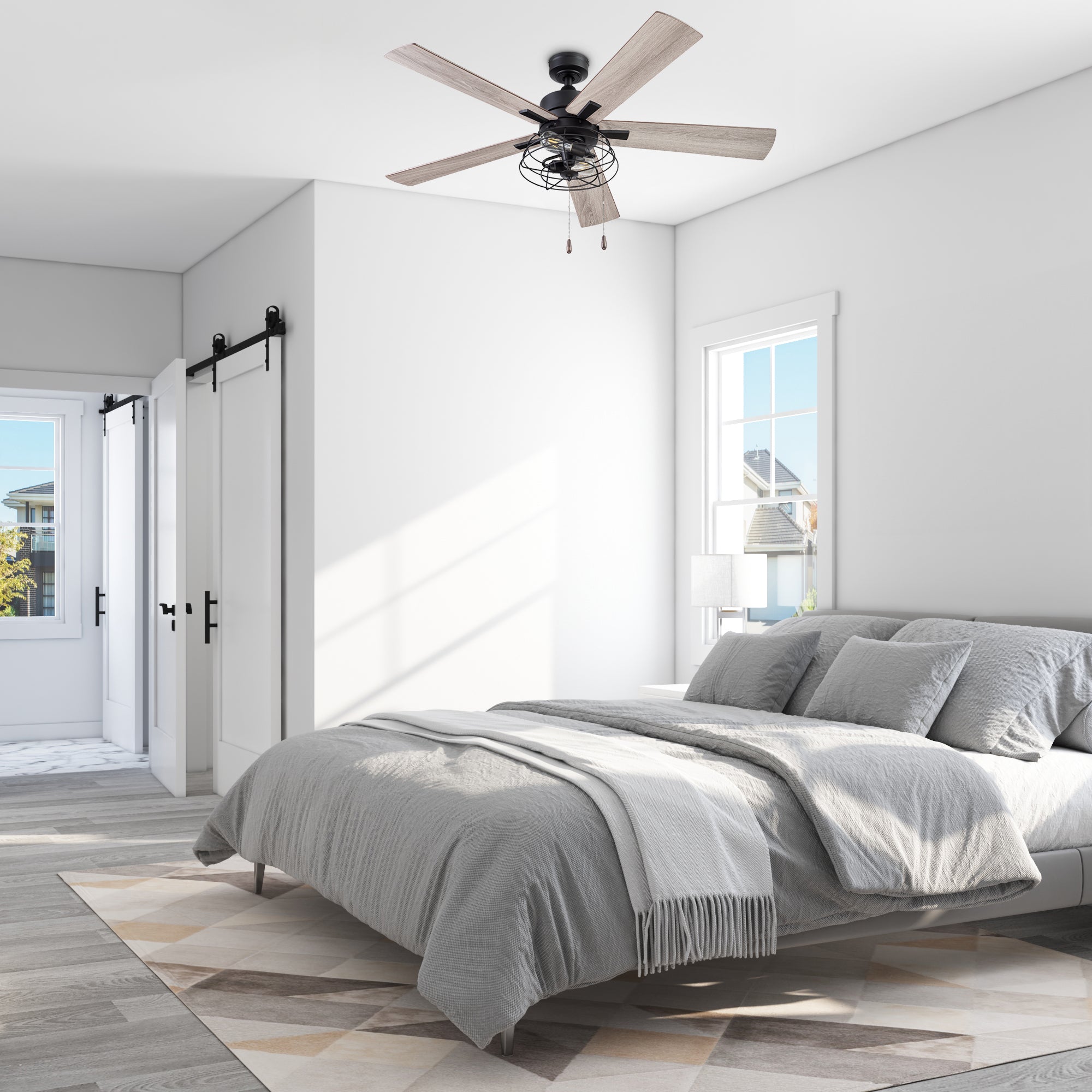 52 Inch Matte Black Ceiling Fan with Pull Chain - Marshall Style - Perfect for Living Room, Bedroom, and Outdoor Patio