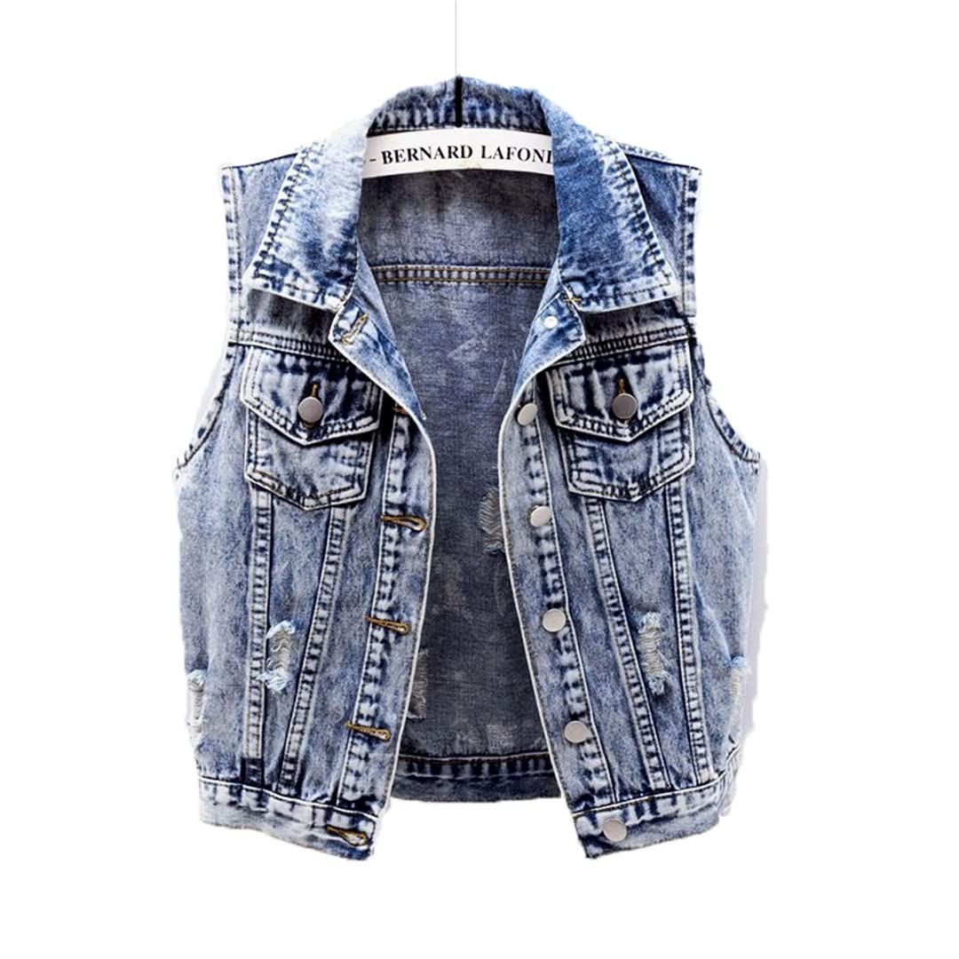 Light Blue Denim Women's Waistcoat - Korean Style Loose Short Sleeveless Jacket with Frayed Hem | Casual Outfit for Students, Streetwear & Spring Fashion