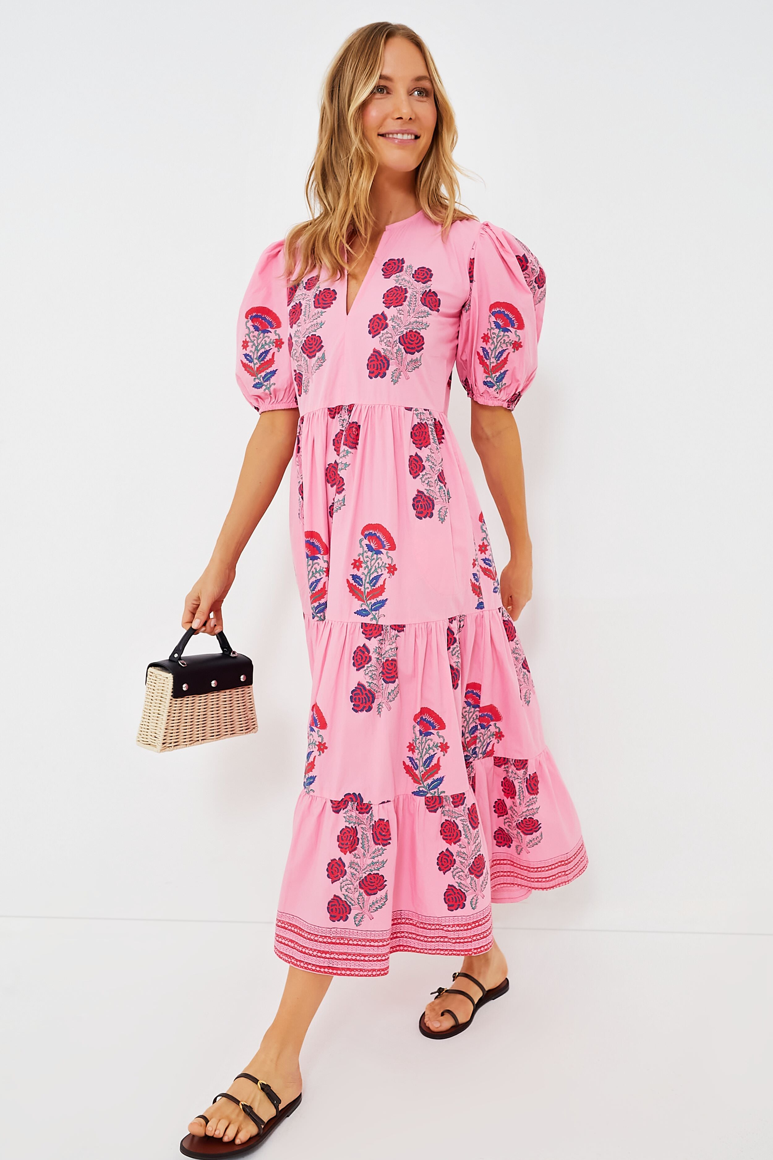 Boca Women's Pink Puff Sleeve Maxi Dress - Elegant Flowy Long Dress for Summer Beach, Wedding Guest, Party & Vacation