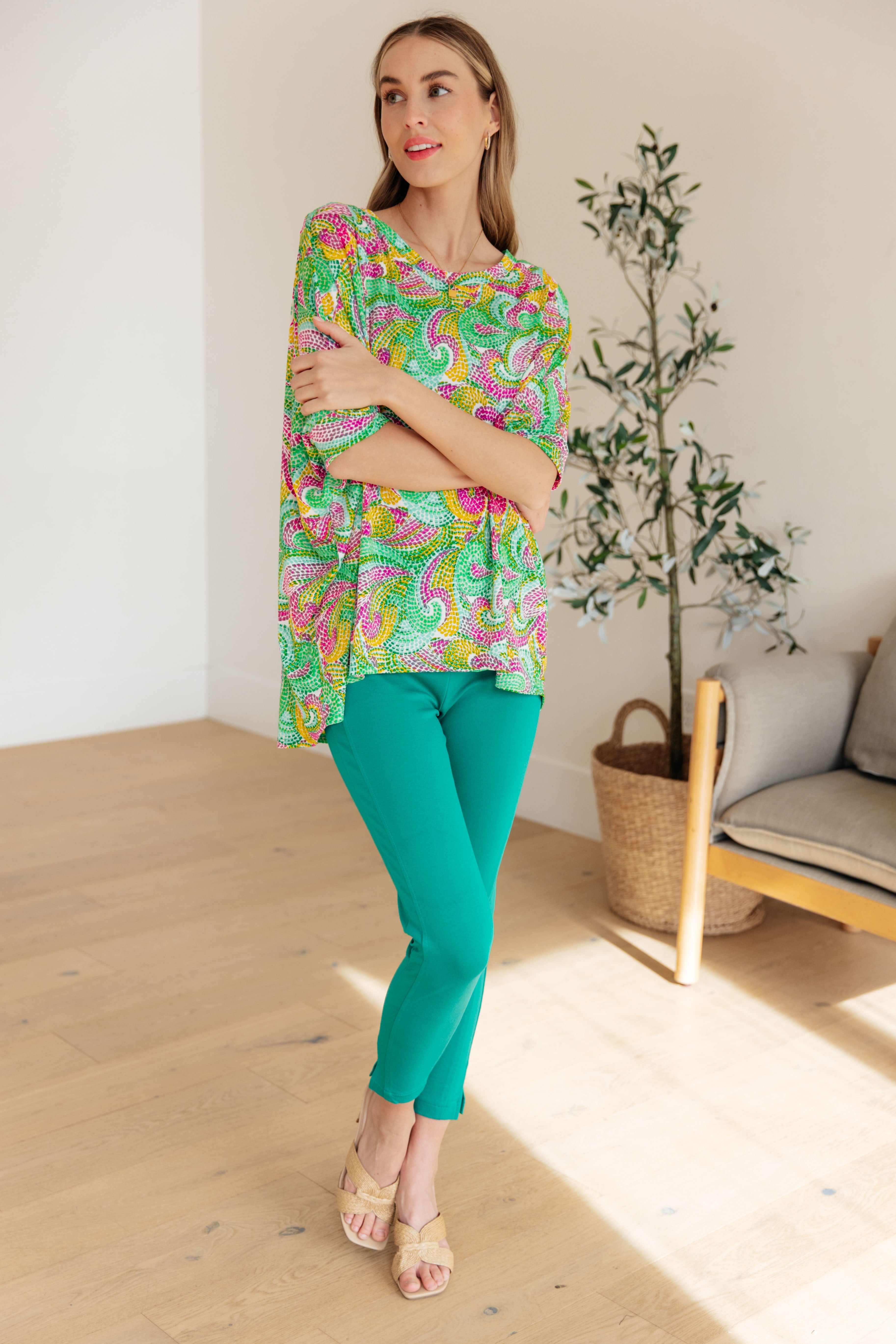 Dear Scarlett Women's Painted Green and Pink Essential Blouse - Elegant Casual Top for Work, Date Night & Spring Outfits