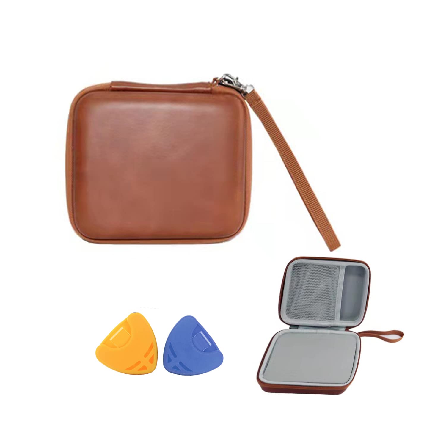 Guitar Pick Holder Case - Compatible with Fender, D'Addario, Jim Dunlop - Universal Size Pick Storage Pouch (Brown) + 2 Stick-On Guitar Pick Holders - Perfect for Guitarists, Musicians & Music Lovers - Great for Home, Studio & Stage Use