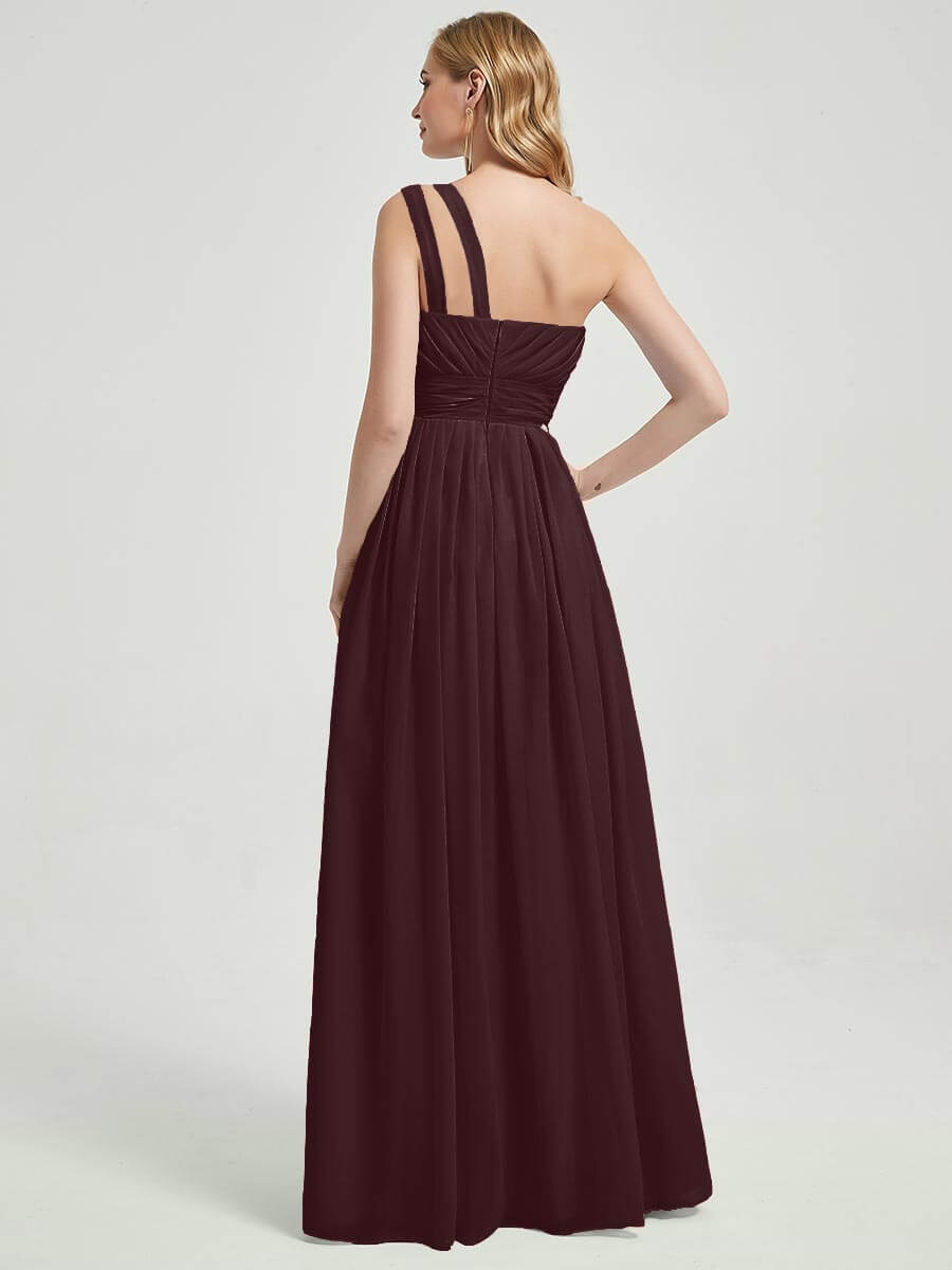 Elegant Cabernet One Shoulder A-Line Floor Length Chiffon Bridesmaid Dress - Perfect for Weddings, Formal Events & Evening Galas