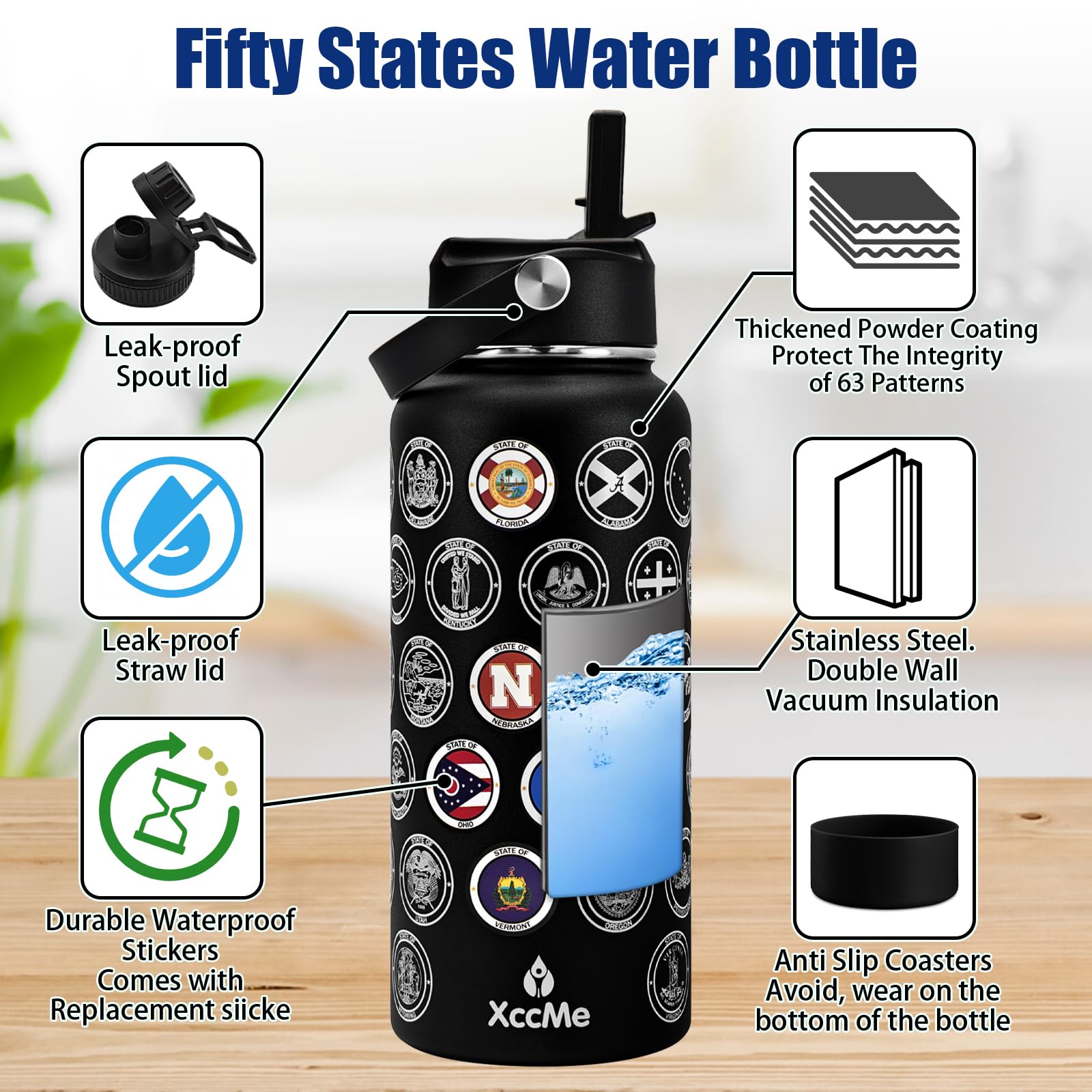 50 States Travel Water Bottle - 32oz Insulated Stainless Steel with 2 Lids, Stickers, Straw & Silicone Boot | Leakproof Vacuum Flask for Hiking, Camping & Road Trips | USA Bucket List Gift Idea (Black)