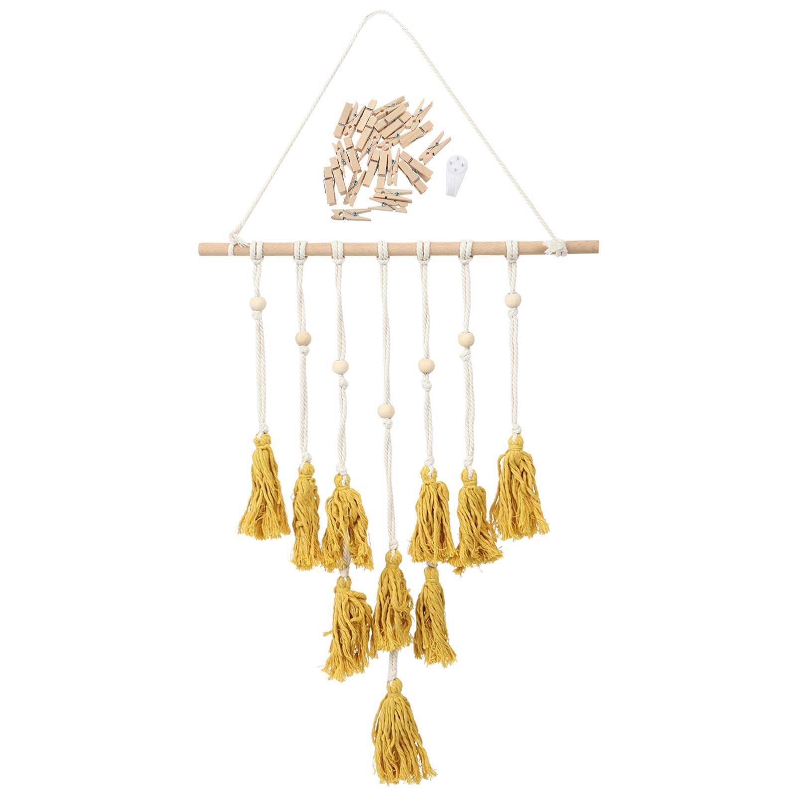 NUOBESTY Macrame Wall Hanging Photo Display with Wood Clips - Boho Home Decor for Living Room, Bedroom, Apartment - Perfect for Gallery Walls and Picture Displays
