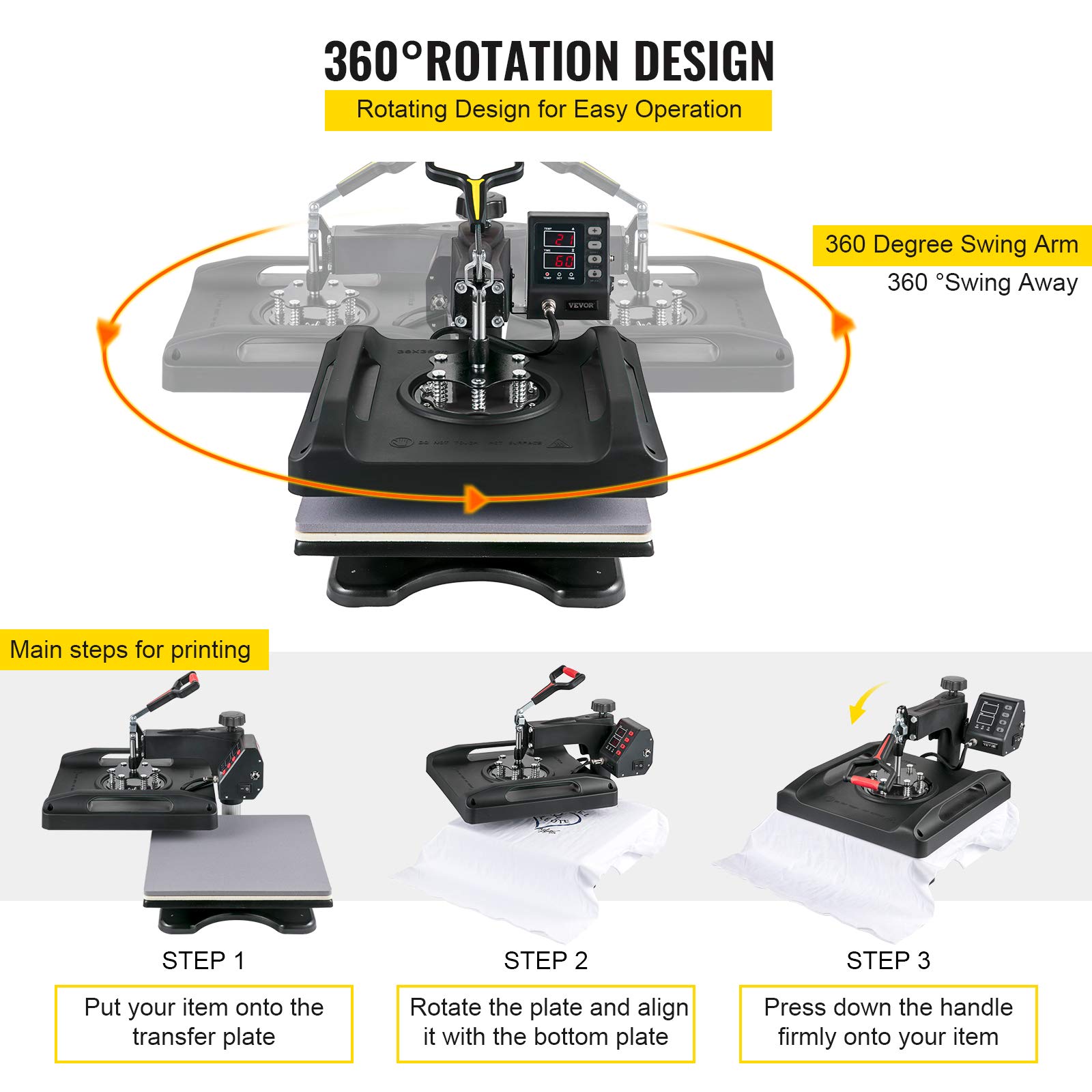 VEVOR 15x15 Inch 8-in-1 Heat Press Machine 800W Sublimation Printer with 360° Rotation Swing-Away Design & Dual-Tube Heating System for DIY T-Shirts, Hats, Mugs - Perfect for Home Crafting & Small Business Printing (Black)
