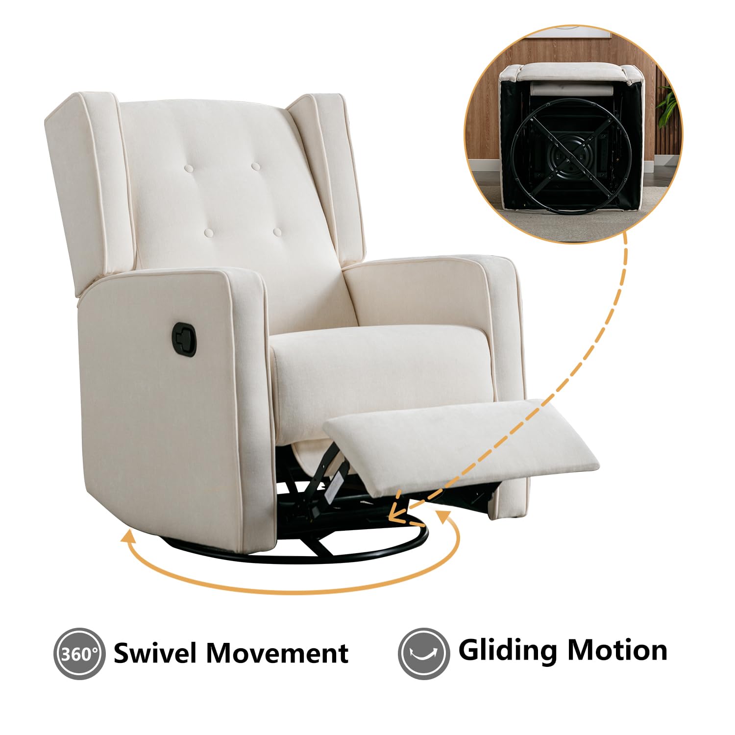 Swivel Rocker Recliner Chair - Manual Reclining Nursery Glider with Smooth Swivel Motion, White - Perfect for Baby Nurseries, Living Rooms & Breastfeeding Comfort