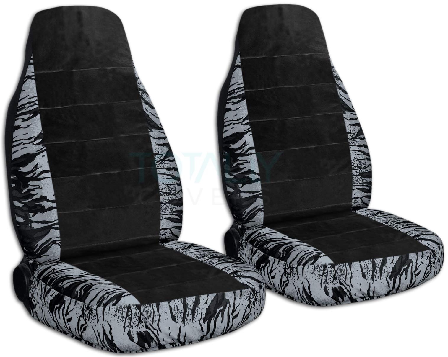 Universal Black & Silver Snow Tiger Car Seat Covers - Animal Print Design for Front Bucket Seats | Airbag, Seat Belt & Armrest Compatible (30 Patterns) - Perfect for SUVs, Trucks & Sedans