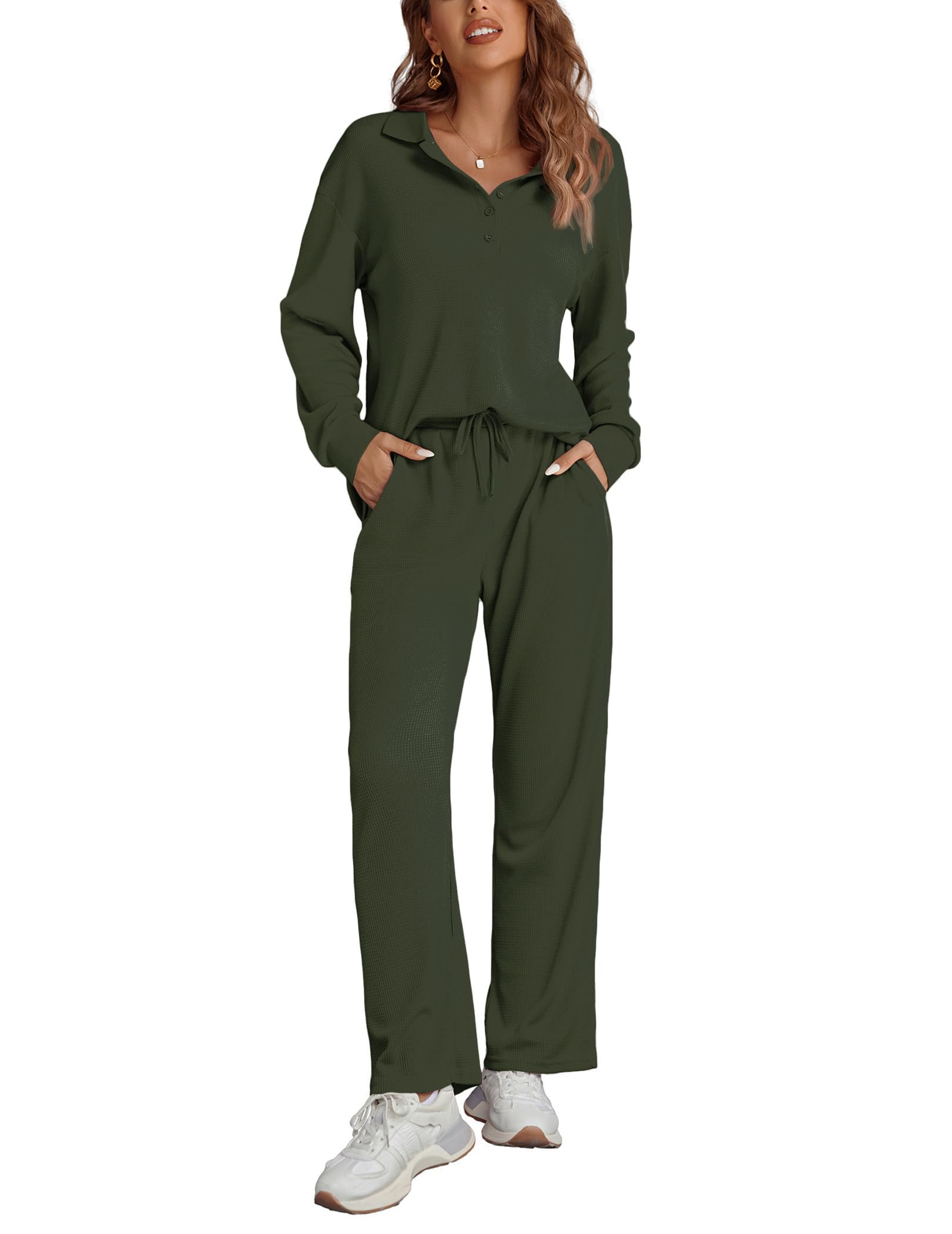 Ekouaer Women's Waffle Knit Pajama Set - 2 Piece Long Sleeve Button Down Top & Wide Leg Pants with Pockets - Soft Loungewear for Sleep, Relaxation & Home Comfort
