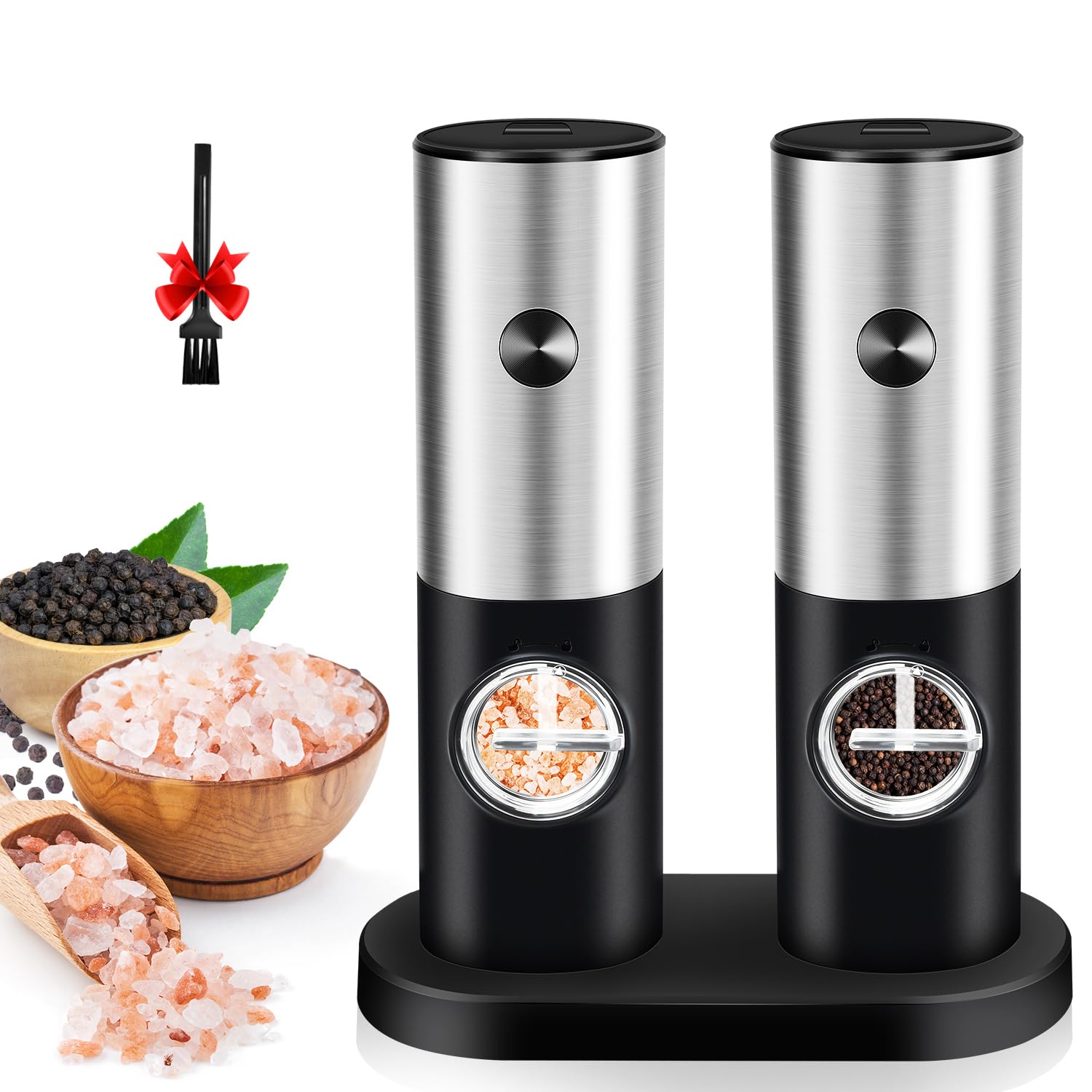 Electric Salt and Pepper Grinder Set - Rechargeable Battery Operated Pepper Mill with Adjustable Coarseness - Automatic Salt Shakers with LED Light for Kitchen, Dining Table & Camping Cooking