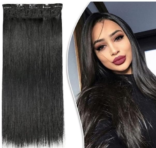 C & C Women's 24 Inch Black Straight Clip-in Hair Extensions (5 Clips, 150g) - Natural Looking Synthetic Hair for Volume & Length - Perfect for Parties, Weddings & Daily Styling
