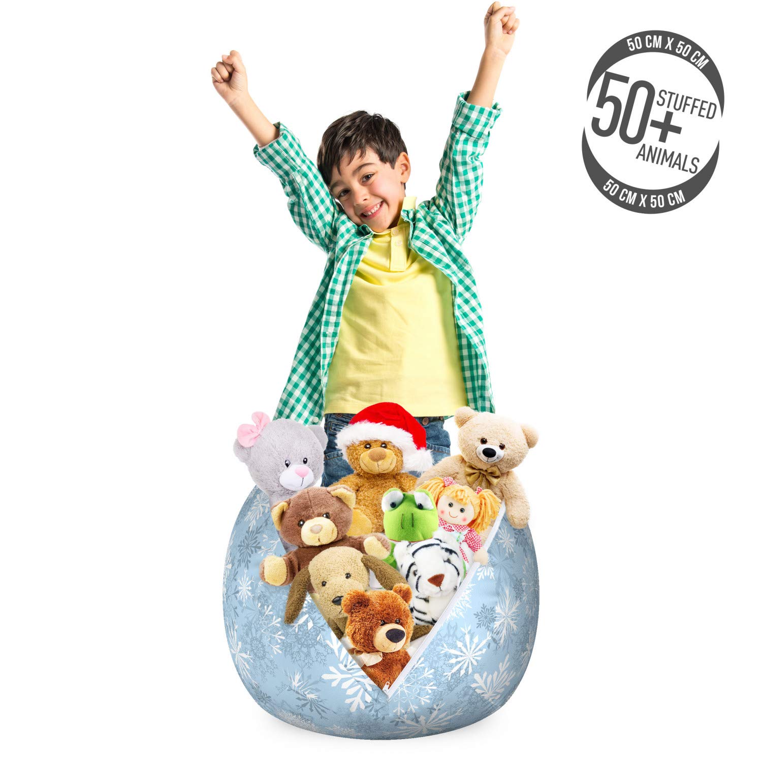 Lunarable Snowflake Storage Toy Bag Chair - Christmas Themed Snowflake Pattern, Washable Stuffed Animal Organizer, Small Size Slate Blue - Perfect for Kids' Room, Playroom & Holiday Decor