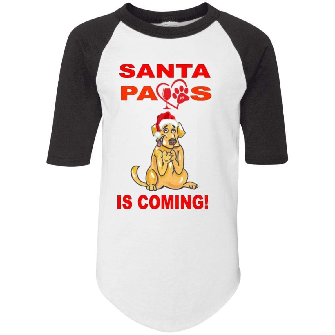 Santa Paws Is Coming - Youth Colorblock Raglan Jersey for Dogs | Christmas Pet Apparel | Holiday Photo Outfits & Festive Dress Up