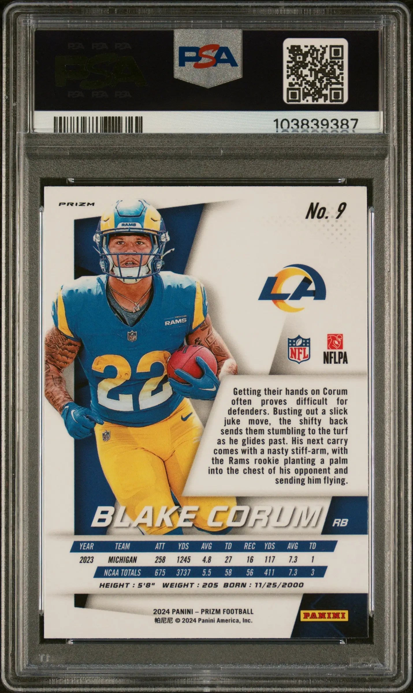 2024 Panini Prizm Prizm Flashback Rookie Blake Corum PSA 9 Graded Football Card - Collectible Sports Memorabilia for Fans & Investors