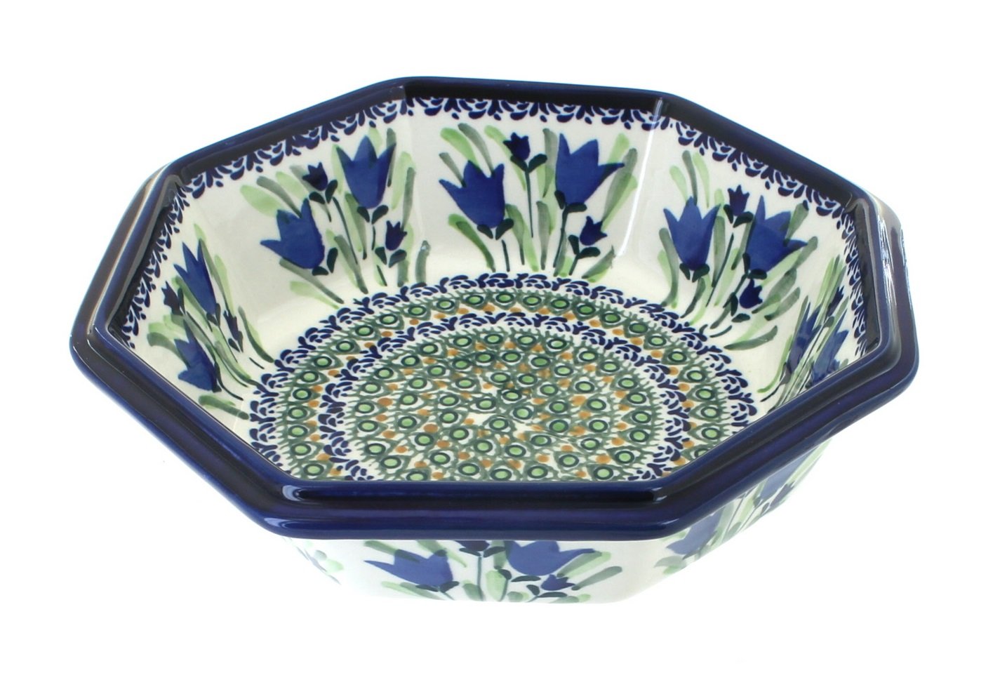 Handmade Polish Pottery Blue Rose & Tulip Large Octagonal Bowl - Perfect for Serving Salads, Pasta, or as a Decorative Centerpiece