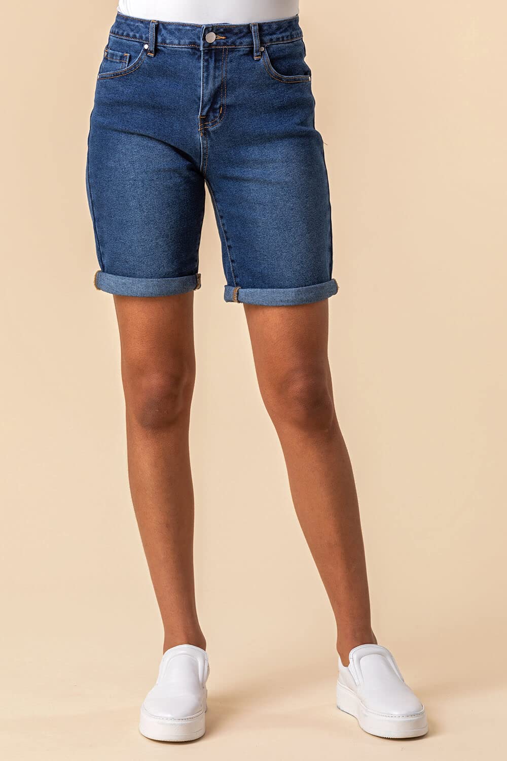 Roman Originals Women's High Waisted Denim Shorts with Pockets - Stretchy Cotton Mom Jeans Boyfriend Style, Frayed Hem Casual Skinny Pants for Summer Vacation, Beach, and Everyday Wear