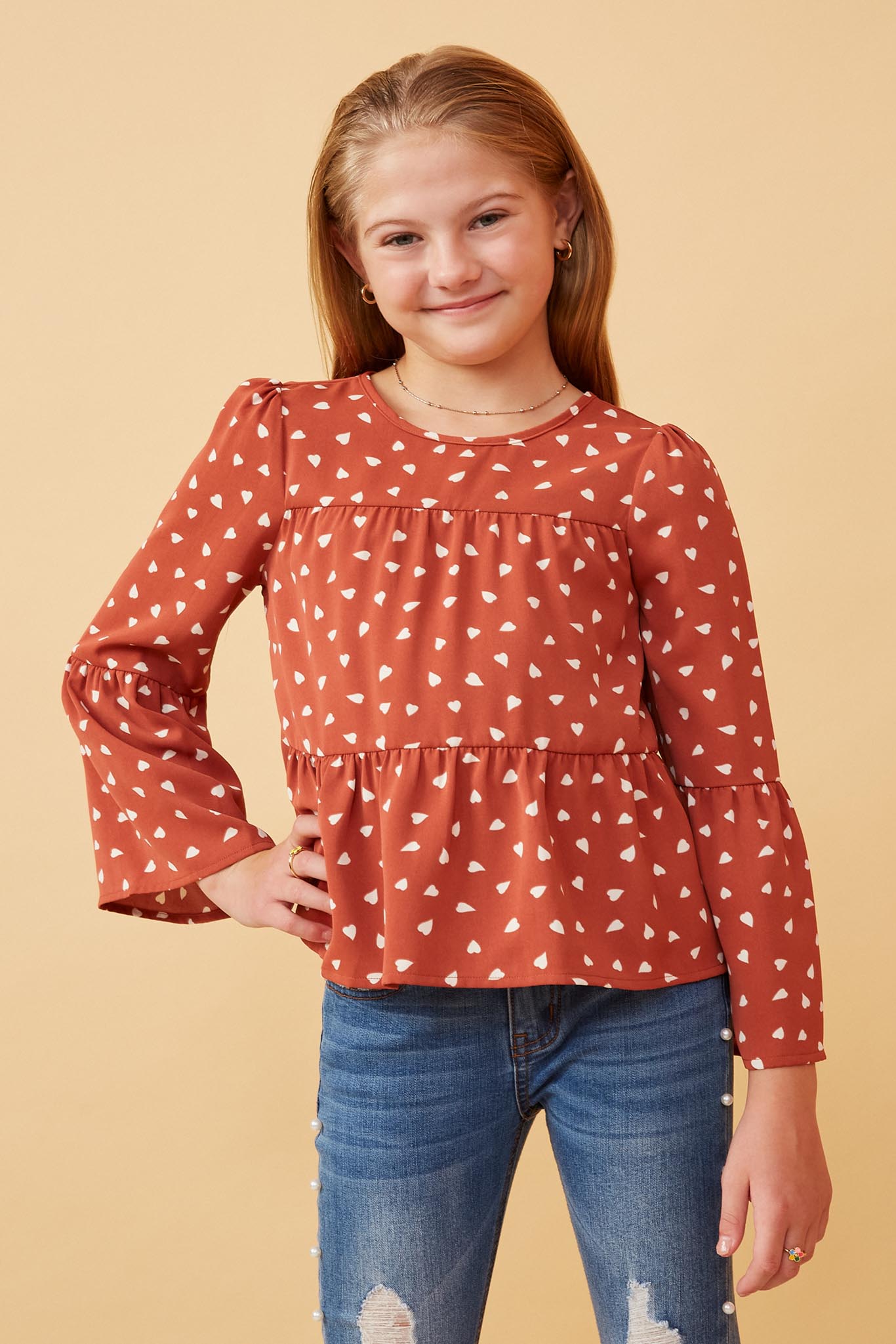 Heart Print Tiered Trumpet Sleeve Blouse - Women's Floral Ruffle Tunic Top for Casual Wear & Date Night Outfits