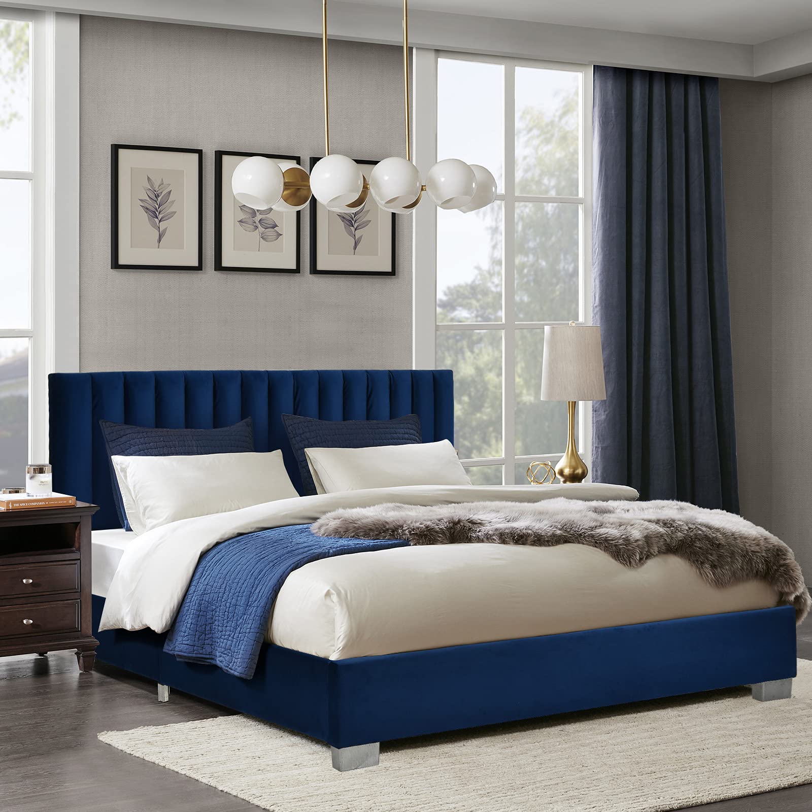 Giantex Full Size Bed Frame with Headboard - Vertical Tufted Upholstered Platform Bed with Heavy Duty Wood Slats Support | No Box Spring Needed | Easy Assembly | Navy Blue | Perfect for Modern Bedrooms, Guest Rooms & Small Spaces