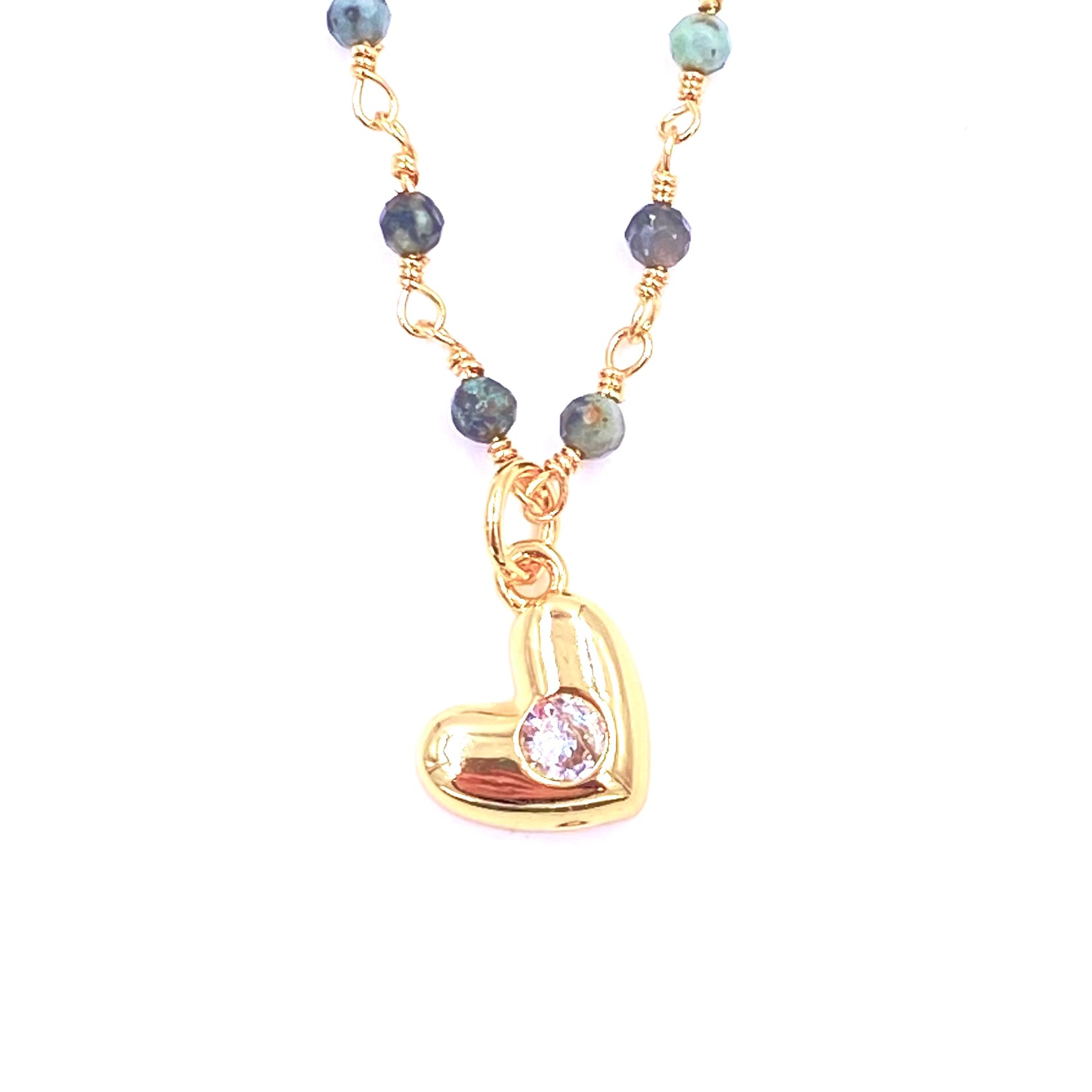Ashley Gold Stainless Steel Gold Plated Blue Beads Necklace with CZ Heart Pendant - Elegant Jewelry for Women, Perfect Gift for Birthday, Anniversary & Valentine's Day