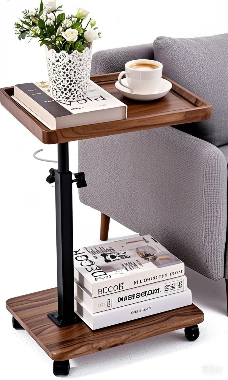 Adjustable Height C-Shaped End Table with 360° Swivel - Walnut Color Side Table for Couch, Bed, Chair & Bathtub - Perfect for Snacks, TV Trays & Sliding Under Furniture