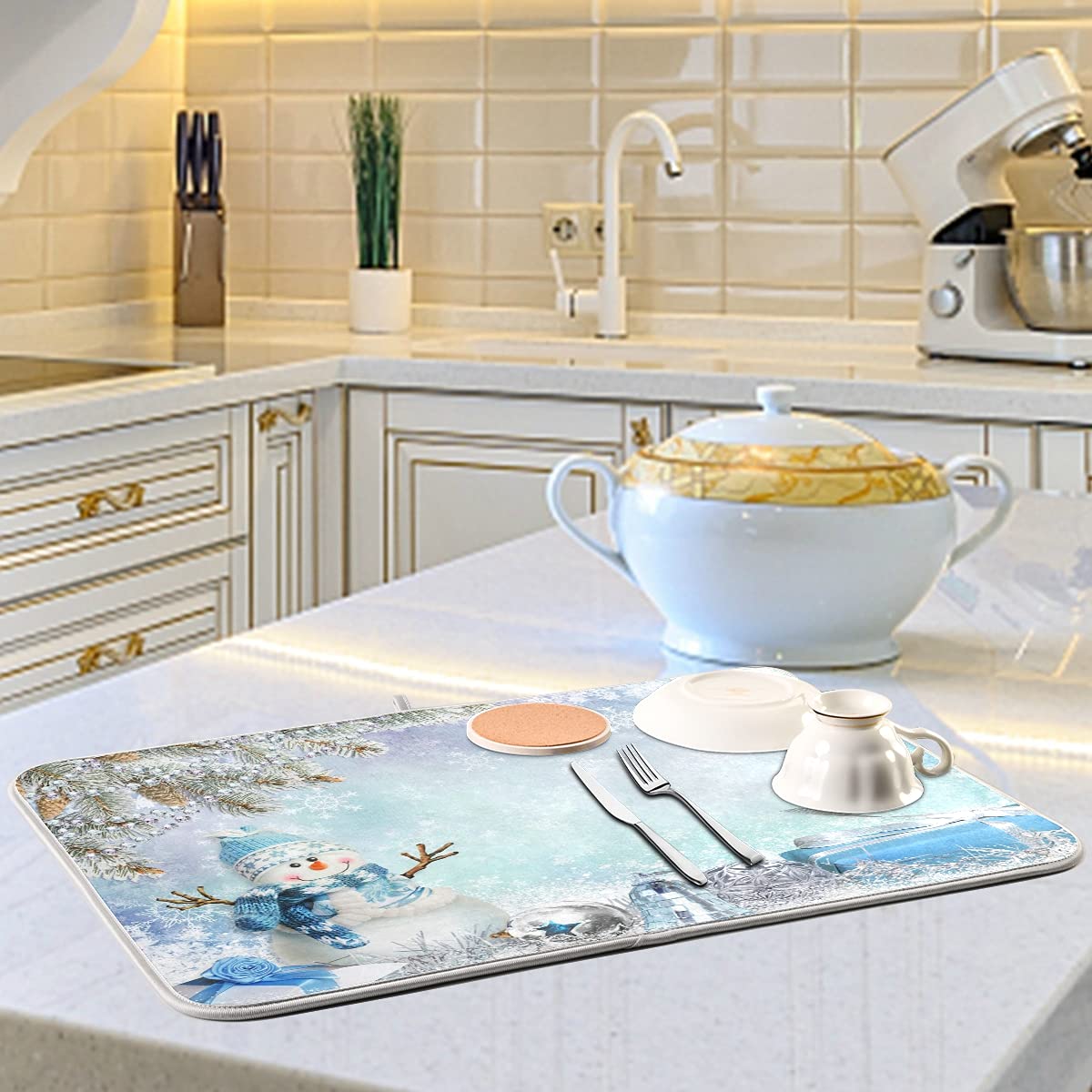 Reversible Absorbent Microfiber Snowman Dish Drying Mat - 18x24 Inch Snowflake Kitchen Counter Decor for Holiday & Everyday Use