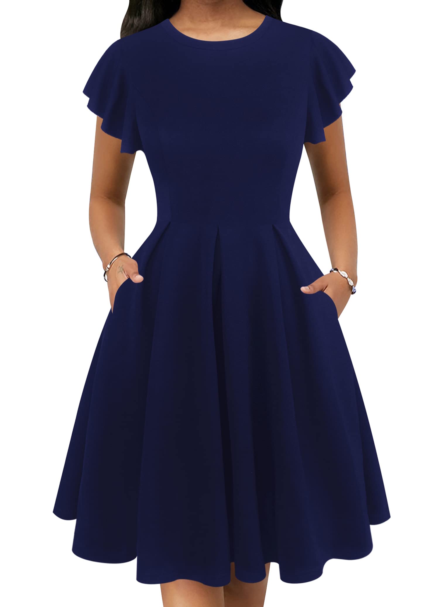 Oxiuly Women's Vintage Flare Sleeve Scoop Neck Church Dress with Pockets - Elegant Cocktail Party Dress for Wedding, Easter, Sunday Service & Special Occasions