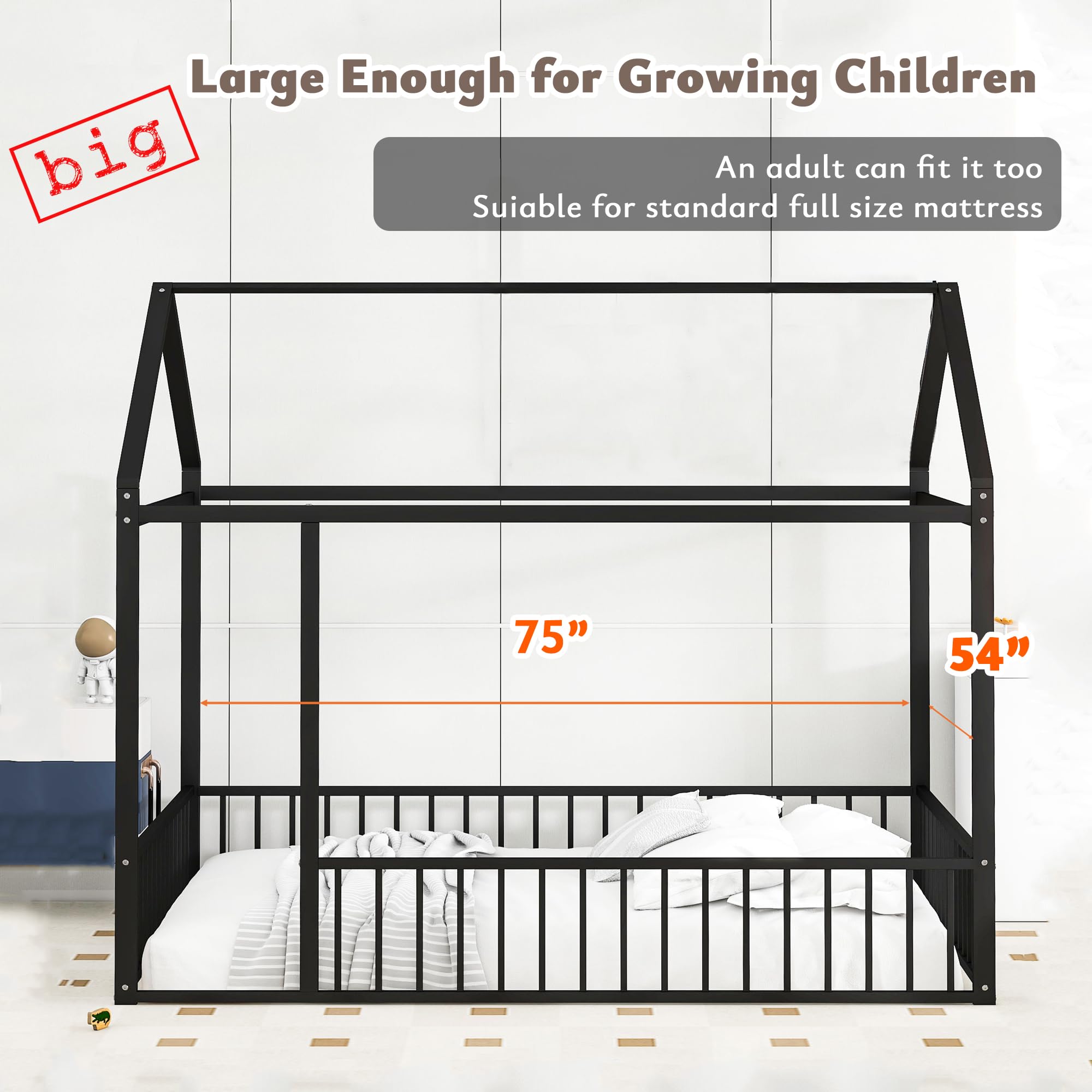 Montessori Floor Bed for Kids - Full Size Metal House Bed Frame with Safety Fence, Black Playhouse Toddler Bed for Boys & Girls - Perfect for Montessori Bedrooms, Playrooms & Safe Sleep Spaces