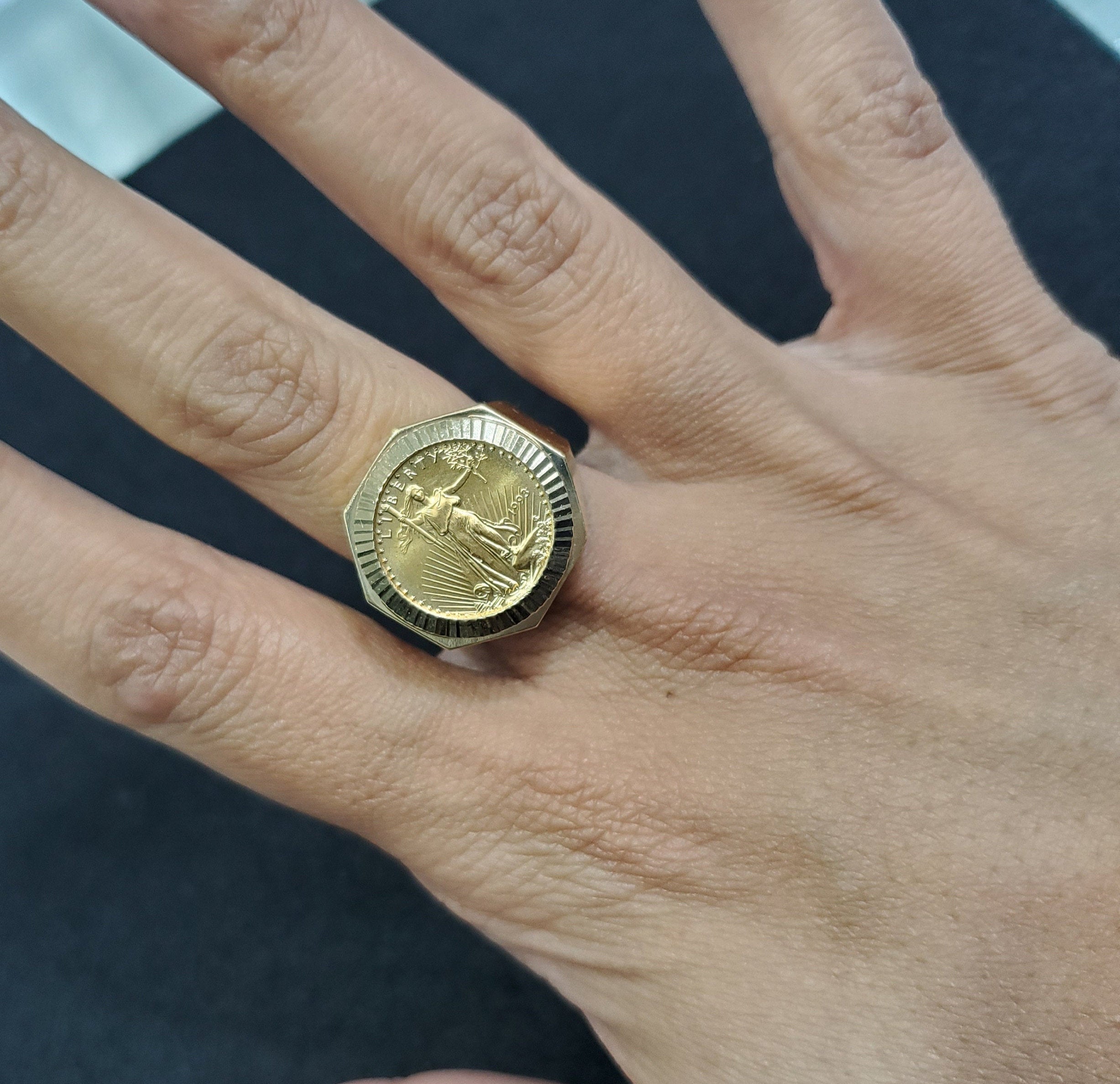 22K Fine Gold 1/10OZ Liberty Coin Ring with Fluted Bezel - Elegant Jewelry for Men & Women, Perfect for Weddings, Anniversaries and Special Occasions