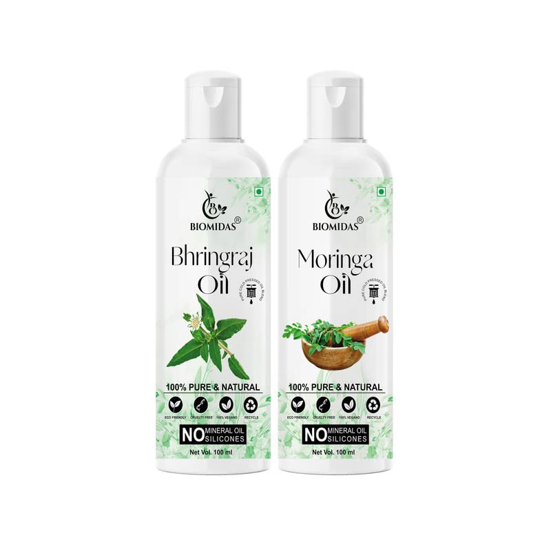Biomidas 100% Pure Bhringraj Oil & Moringa Oil Combo (100ML Each) - Promotes Rapid Hair Growth, Reduces Hair Fall, Repairs Split Ends for Softer & Shinier Hair - Perfect for Daily Hair Care & Scalp Treatment (Pack of 2)