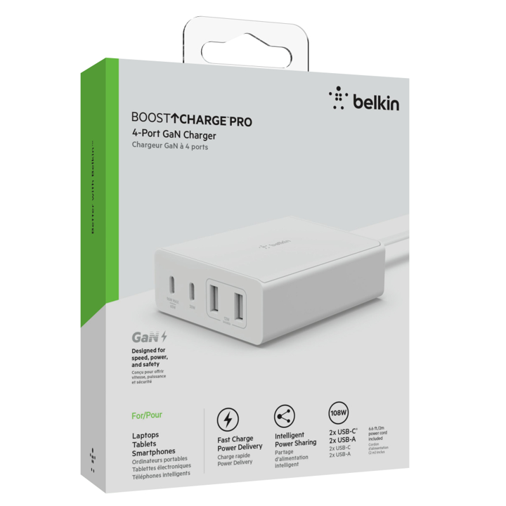 Belkin 108W USB C GaN Fast Charger with PD 96W Max, 30W GaN PD & Dual 12W USB A Ports - White | Perfect for Laptops, Phones & Tablets at Home, Office or Travel