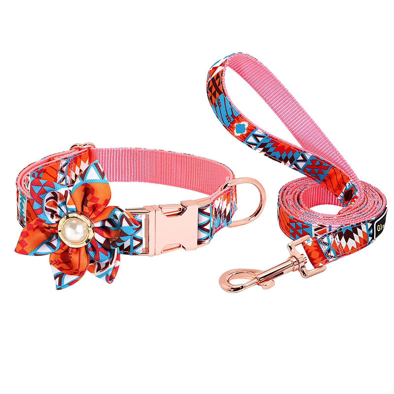 **Colorful Durable Dog Collar with Leash - Adjustable Flower Puppy Collar with Gold Buckle for Small, Medium & Large Dogs - Hawaii Voyager Style for Walks, Training & Outdoor Adventures**