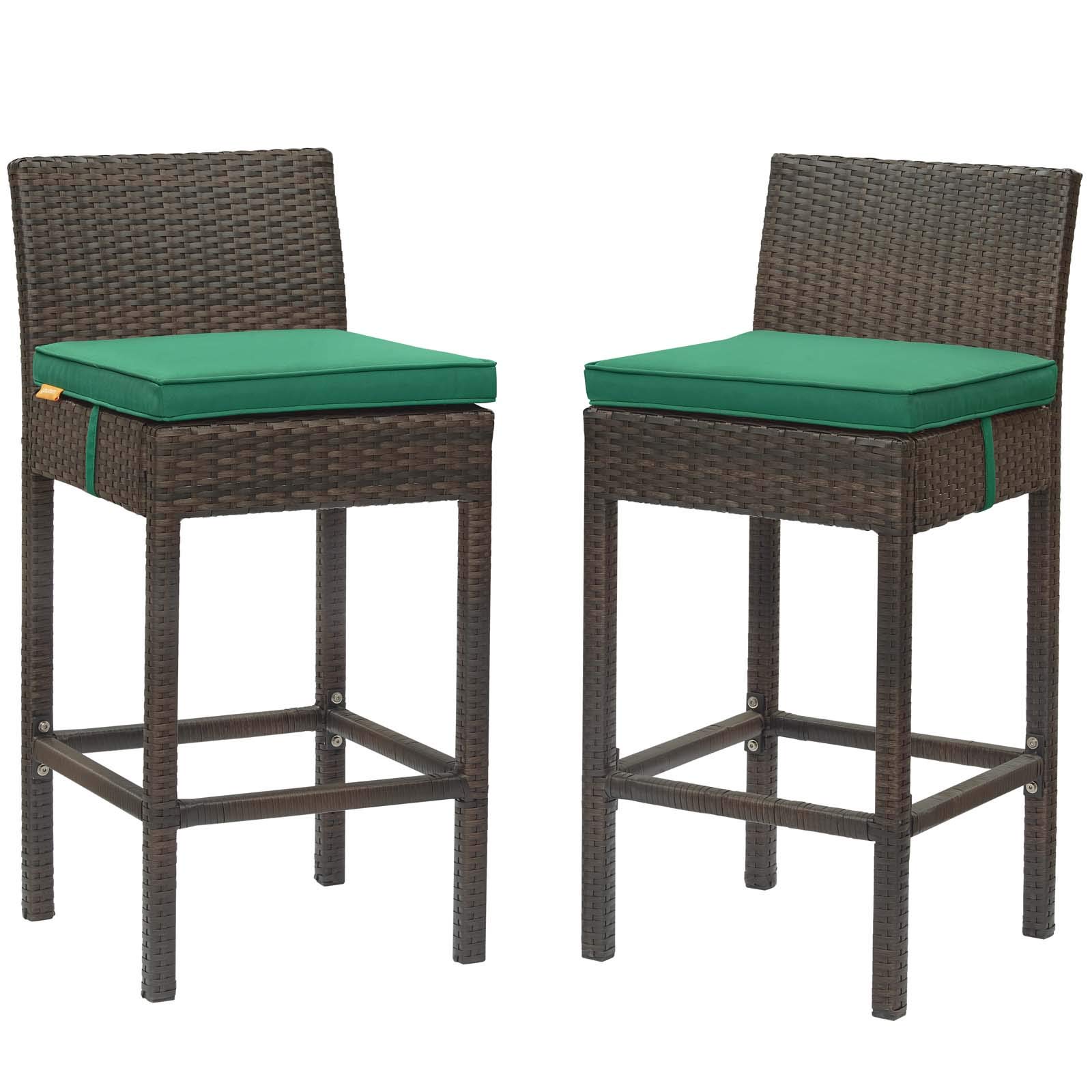 Modern Outdoor Patio Garden Bar Stool Set of Two - Fabric Rattan Wicker Chairs in Brown & Green for Backyard, Poolside, or Balcony Relaxation