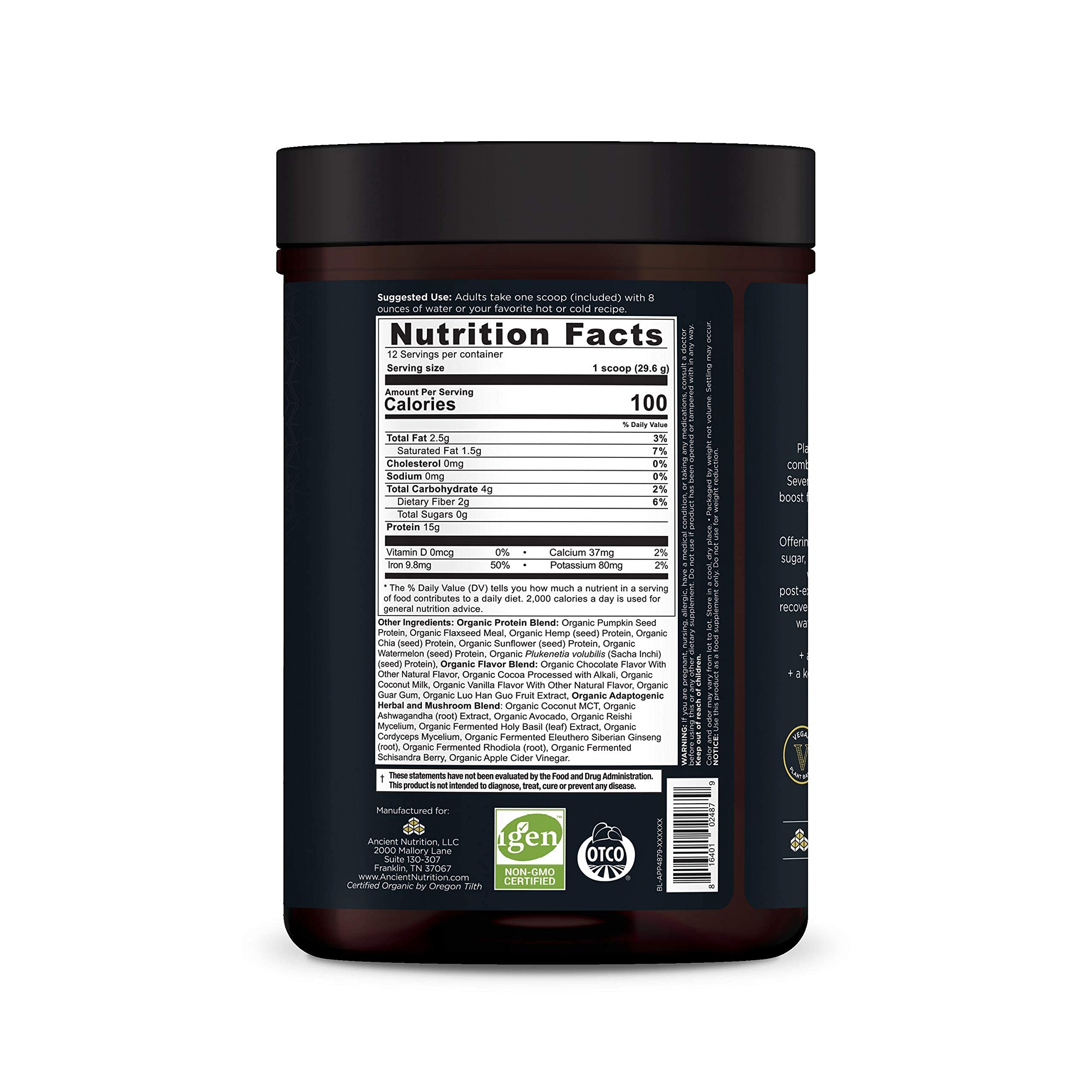 Ancient Nutrition Plant Based Protein Powder - Organic Vegan Superfood Supplement with 15g Protein Per Serving, Chocolate Flavor, Gluten Free & Paleo Friendly (12 Servings) - Perfect for Post-Workout Recovery & Healthy Smoothies