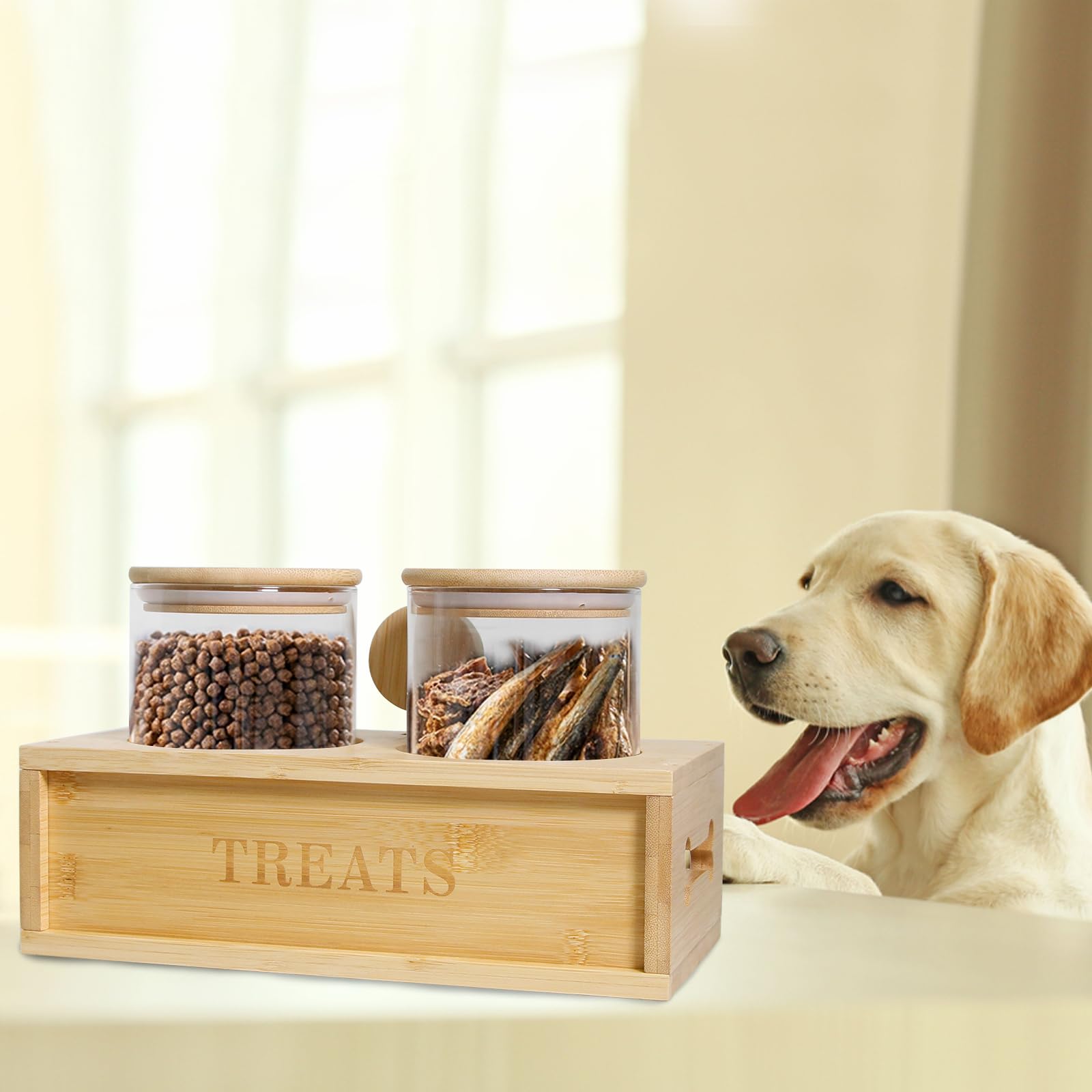 2-Pack 37oz Airtight Pet Treat Storage Containers with Wooden Holder - Dog & Cat Food Jars with Scoop - Perfect for Kitchen Counter, Pantry Organization, and Fresh Treat Preservation