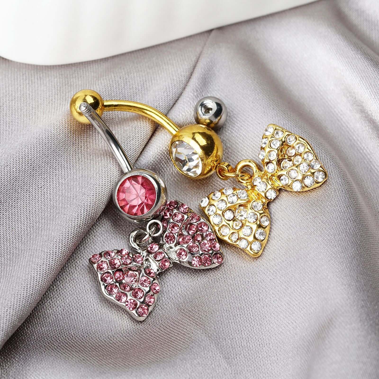Dangly Diamond Bow Belly Button Rings | UZ471 - Stylish Body Jewelry for Women, Perfect for Parties, Beach & Everyday Wear