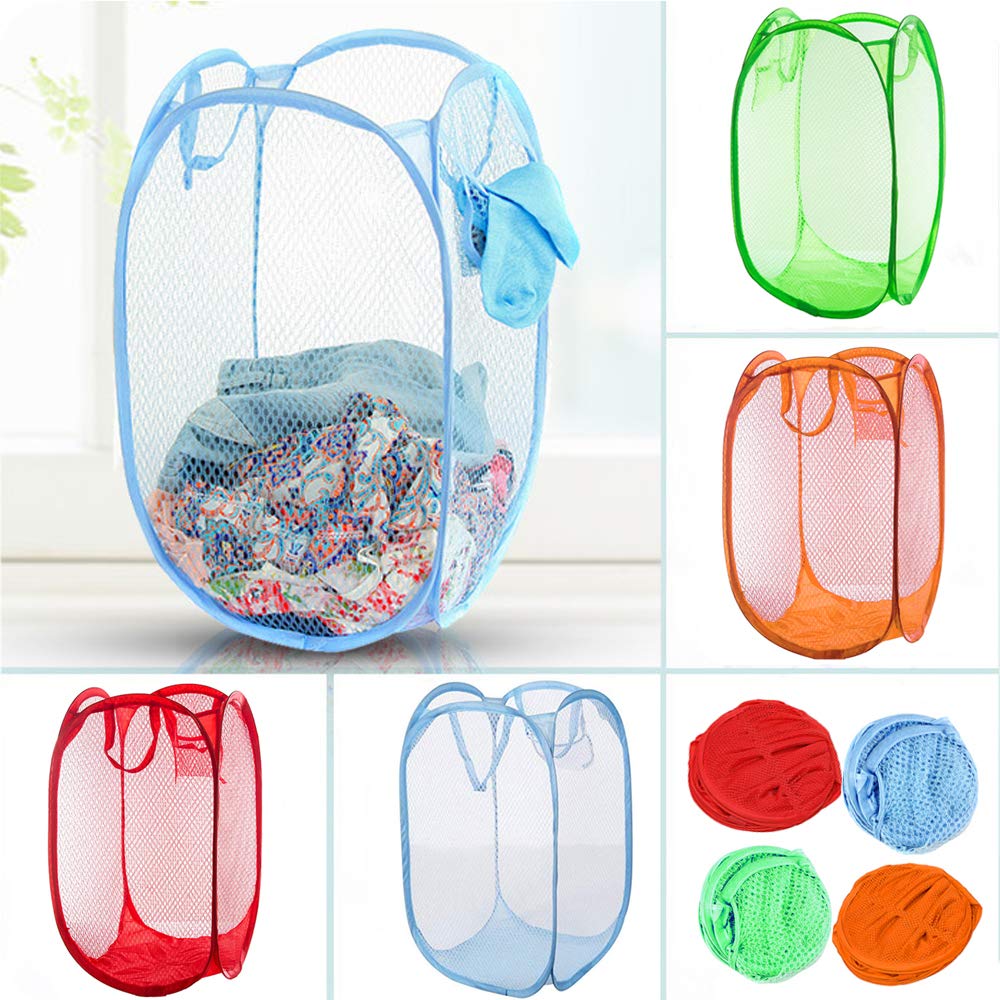 Qtopun Foldable Mesh Laundry Hamper, 2-Pack Portable Clothes Basket for Bedroom, Kids Room, College Dorm & Travel - Green & Orange | Space-Saving Storage Solution for Home Organization