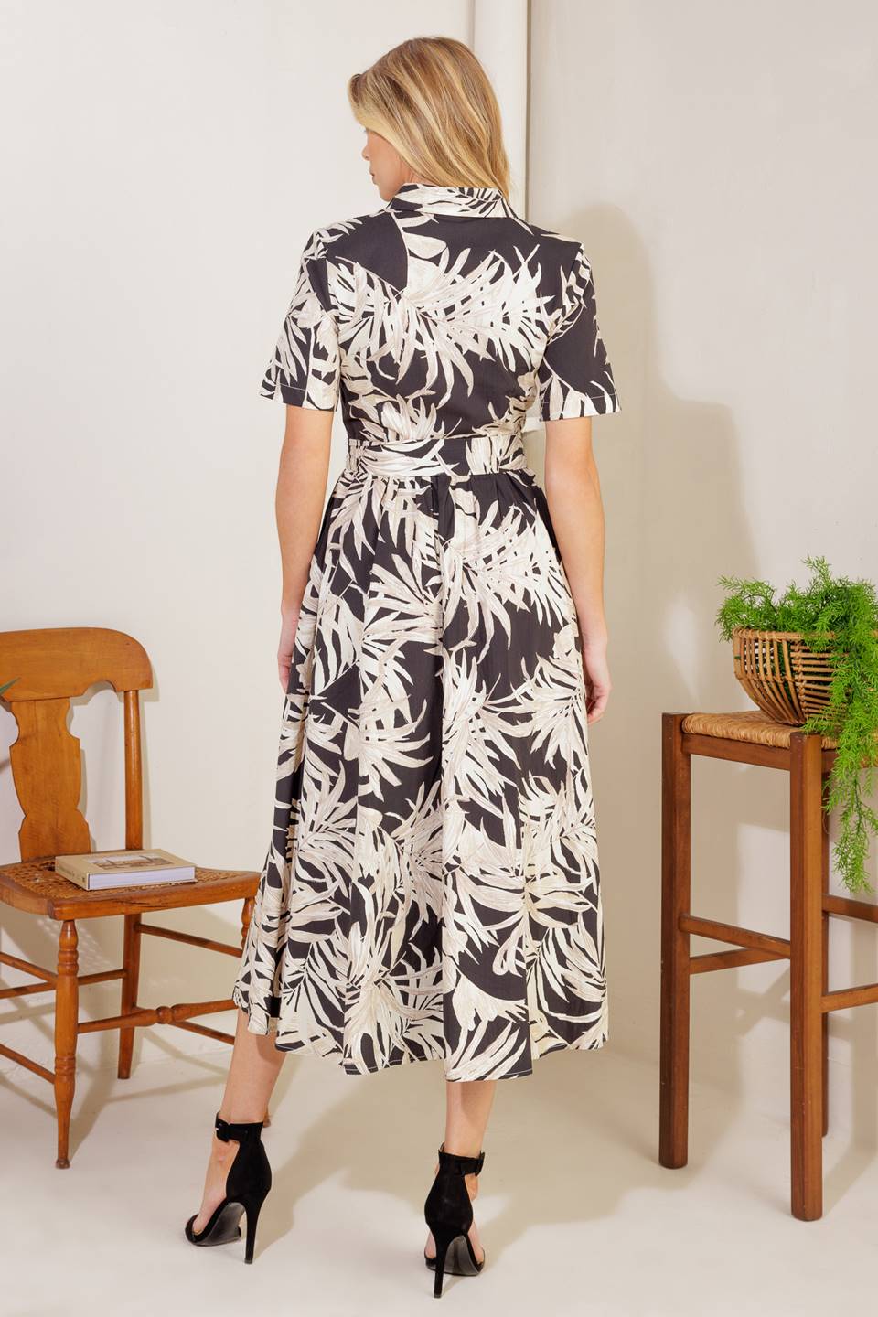 CARTER MIDI SHIRT DRESS - Black & Off White Leaf Print Floral Wrap Dress for Women | Casual Office Wear & Spring Summer Outfits