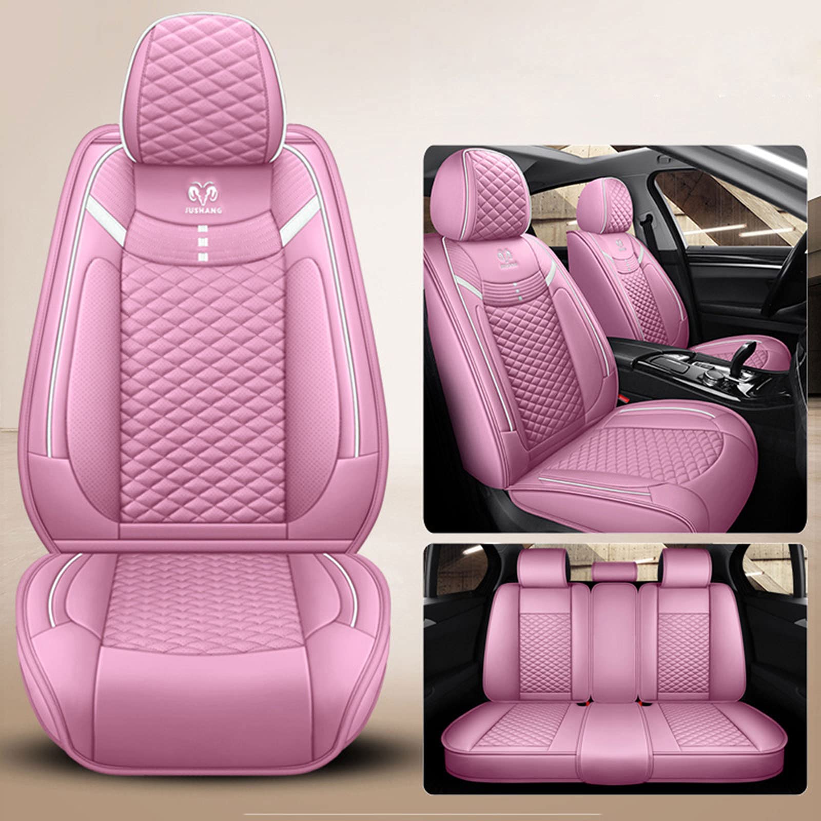 Universal Waterproof Leather Car Seat Covers Full Set (5-Piece) - Fits Most Sedans & SUVs, Pink | Premium Protection & Comfort for Daily Commute, Road Trips & Family Travel