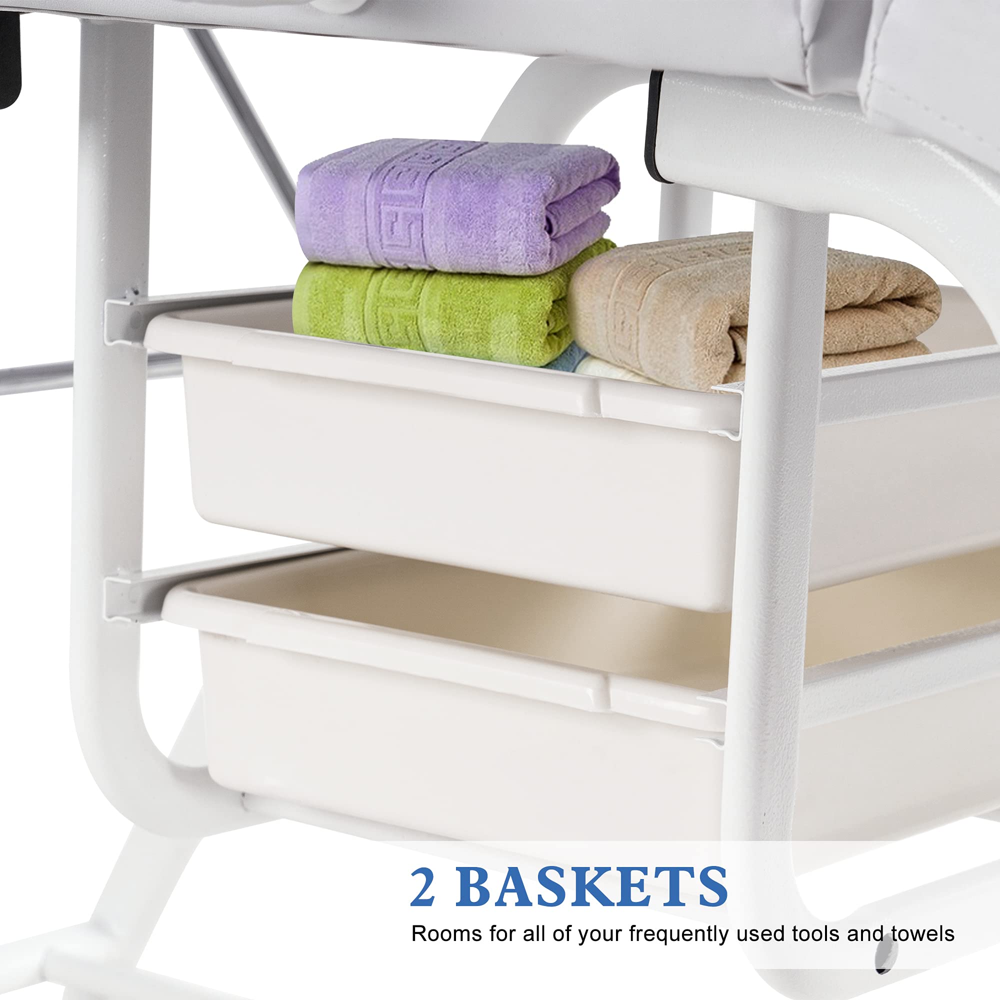Professional Adjustable Massage Chair Table Tattoo Bed with Storage Baskets - Multi-Purpose Facial Spa Bed for Massage, Tattoo, Waxing & Beauty Treatments (White) | Perfect for Salons, Spas & Home Use