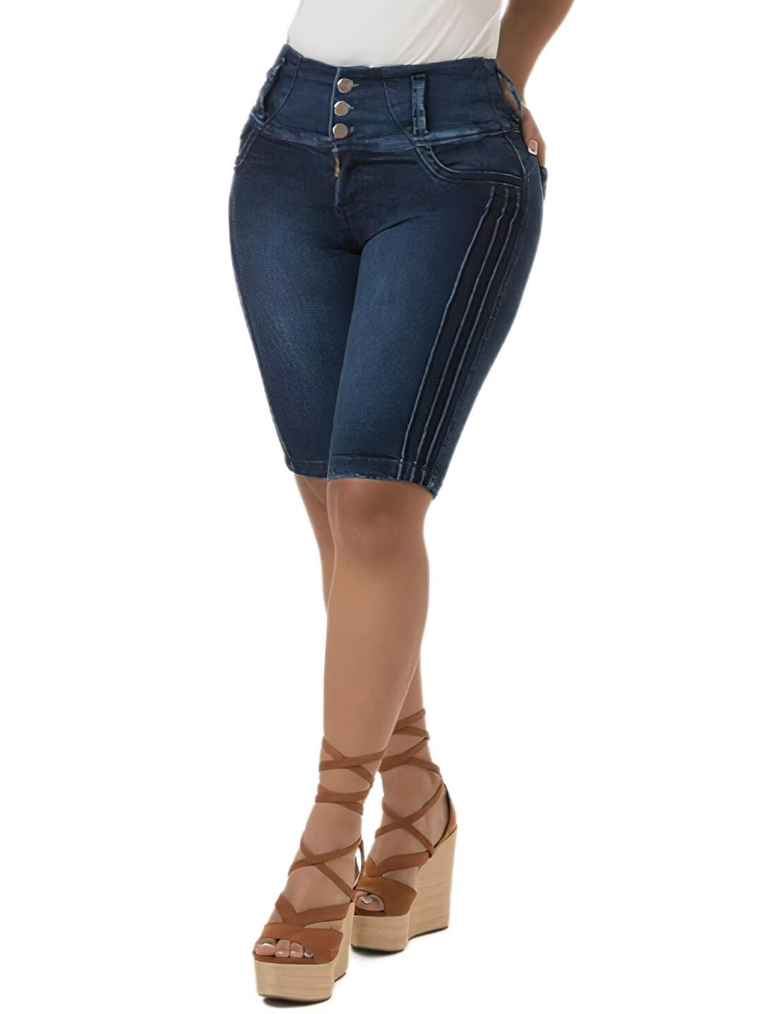 Flamingals Women's Denim Mid Waist Butt Lifting Bermuda Skinny Shorts - High Waisted Stretch Jeans for Curvy Fit | Perfect for Casual Outings, Summer Vacations & Night Out