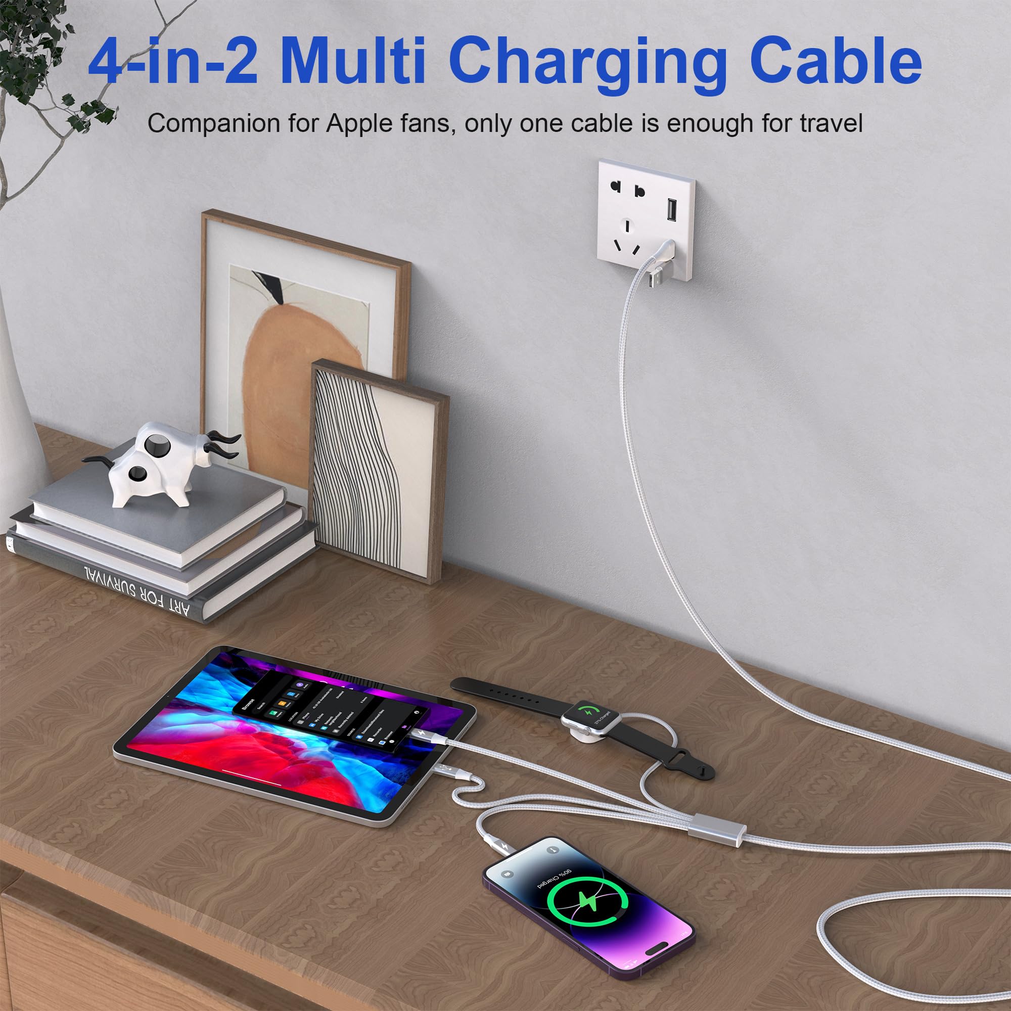 Upgraded 4-in-1 USB C Magnetic Fast Charging Cable for Apple Watch Ultra/SE2/9/8/7/6/5/4/3/2/1/SE, iPhone 15/14/13 & Galaxy - MFi Certified, 6FT Portable Charger with Data Sync - Perfect for Travel, Office & Home Use