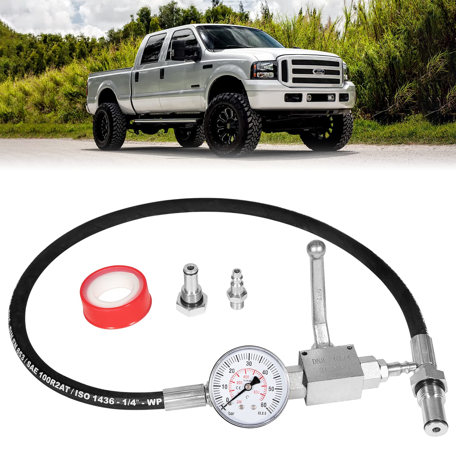 Ford 6.0L 7.3L Powerstroke High Pressure Oil System IPR Air Test Kit with Gauge - Diagnostic Tool for Diesel Engine Repair & Maintenance (Workshop/Garage Use)